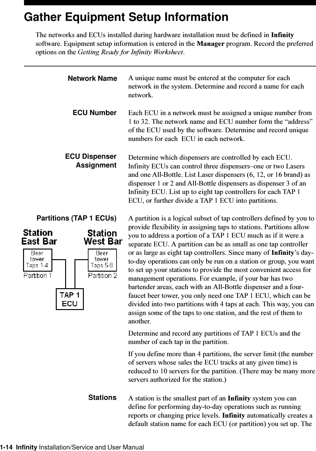 1-14  Infinity Installation/Service and User ManualGather Equipment Setup InformationThe networks and ECUs installed during hardware installation must be defined in Infinitysoftware. Equipment setup information is entered in the Manager program. Record the preferredoptions on the Getting Ready for Infinity Worksheet.Network Name A unique name must be entered at the computer for eachnetwork in the system. Determine and record a name for eachnetwork.ECU Number Each ECU in a network must be assigned a unique number from1 to 32. The network name and ECU number form the addressof the ECU used by the software. Determine and record uniquenumbers for each  ECU in each network.ECU Dispenser Assignment Determine which dispensers are controlled by each ECU.Infinity ECUs can control three dispensersone or two Lasersand one All-Bottle. List Laser dispensers (6, 12, or 16 brand) asdispenser 1 or 2 and All-Bottle dispensers as dispenser 3 of anInfinity ECU. List up to eight tap controllers for each TAP 1ECU, or further divide a TAP 1 ECU into partitions.Partitions (TAP 1 ECUs) A partition is a logical subset of tap controllers defined by you toprovide flexibility in assigning taps to stations. Partitions allowyou to address a portion of a TAP 1 ECU much as if it were aseparate ECU. A partition can be as small as one tap controlleror as large as eight tap controllers. Since many of Infinitys day-to-day operations can only be run on a station or group, you wantto set up your stations to provide the most convenient access formanagement operations. For example, if your bar has twobartender areas, each with an All-Bottle dispenser and a four-faucet beer tower, you only need one TAP 1 ECU, which can bedivided into two partitions with 4 taps at each. This way, you canassign some of the taps to one station, and the rest of them toanother.Determine and record any partitions of TAP 1 ECUs and thenumber of each tap in the partition.If you define more than 4 partitions, the server limit (the numberof servers whose sales the ECU tracks at any given time) isreduced to 10 servers for the partition. (There may be many moreservers authorized for the station.)Stations A station is the smallest part of an Infinity system you candefine for performing day-to-day operations such as runningreports or changing price levels. Infinity automatically creates adefault station name for each ECU (or partition) you set up. The