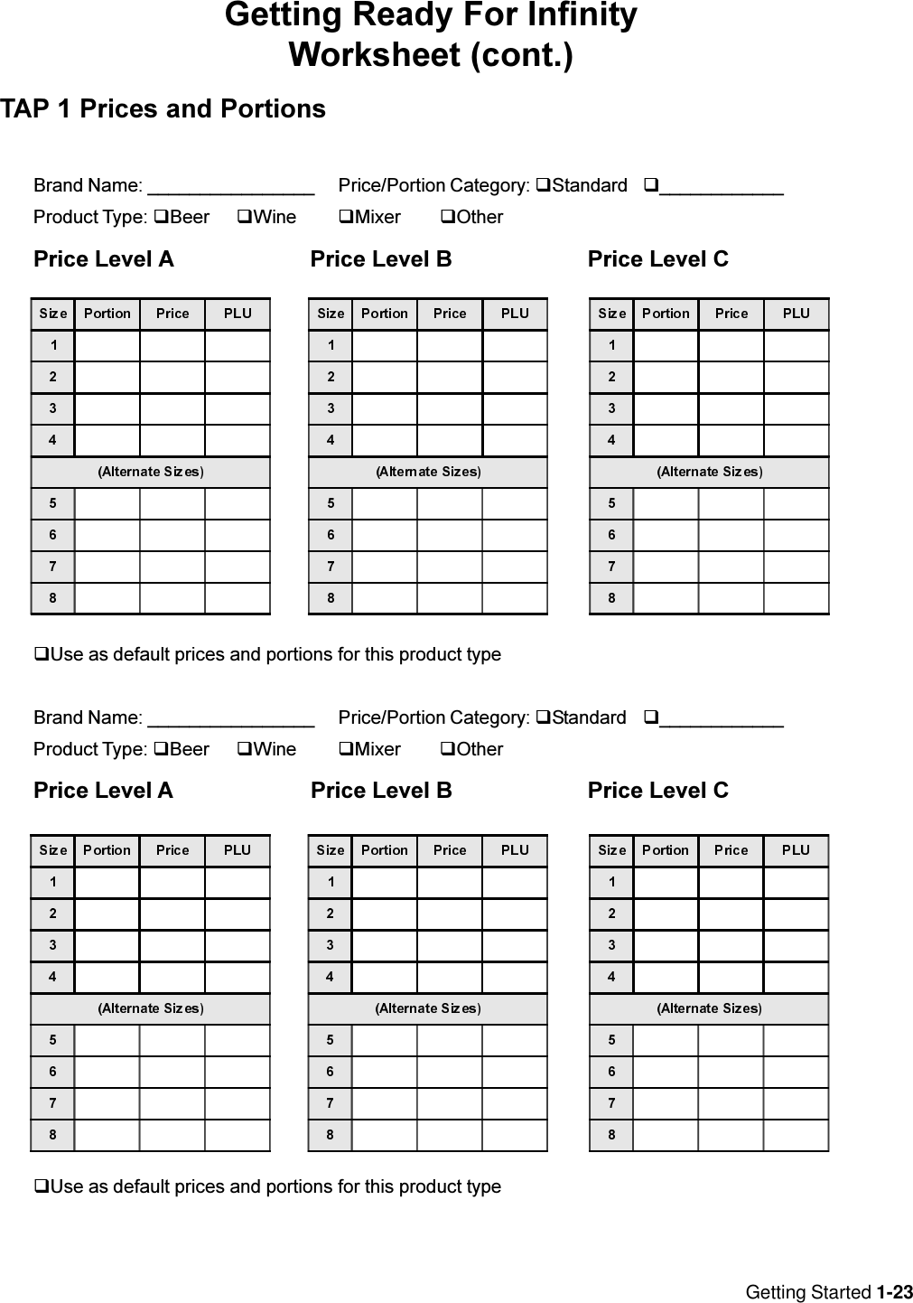 Getting Started 1-23Getting Ready For InfinityWorksheet (cont.)TAP 1 Prices and PortionsBrand Name: ________________ Price/Portion Category: qStandard q____________Product Type: qBeer qWine qMixer qOtherPrice Level A  Price Level B   Price Level CqUse as default prices and portions for this product typeBrand Name: ________________ Price/Portion Category: qStandard q____________Product Type: qBeer qWine qMixer qOtherPrice Level A  Price Level B   Price Level CqUse as default prices and portions for this product type