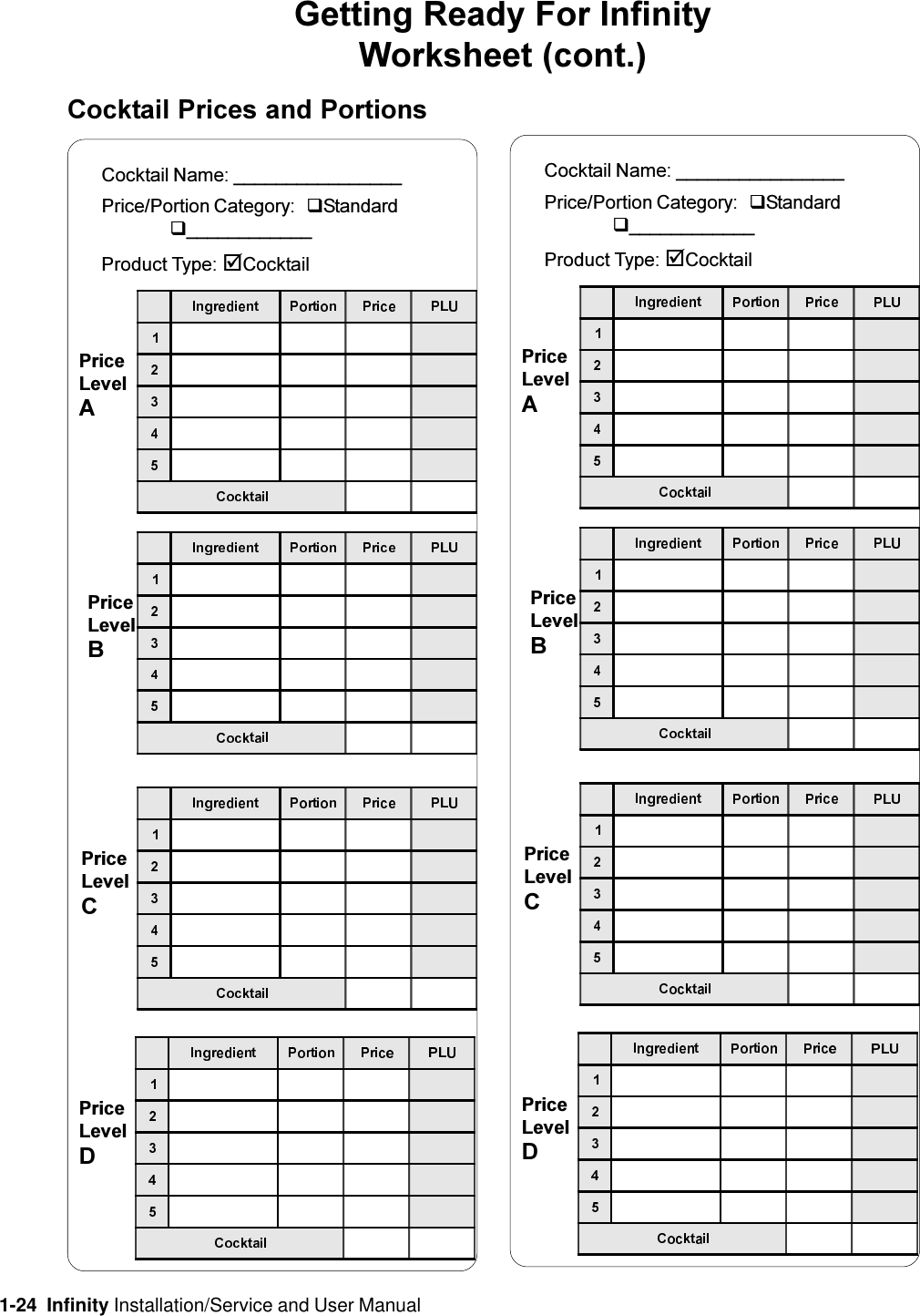 1-24  Infinity Installation/Service and User ManualGetting Ready For InfinityWorksheet (cont.)Cocktail Prices and PortionsCocktail Name: ________________Price/Portion Category: qStandardq____________Product Type: þCocktailPriceLevelAPriceLevelBPriceLevelCPriceLevelDCocktail Name: ________________Price/Portion Category: qStandardq____________Product Type: þCocktailPriceLevelAPriceLevelBPriceLevelCPriceLevelD