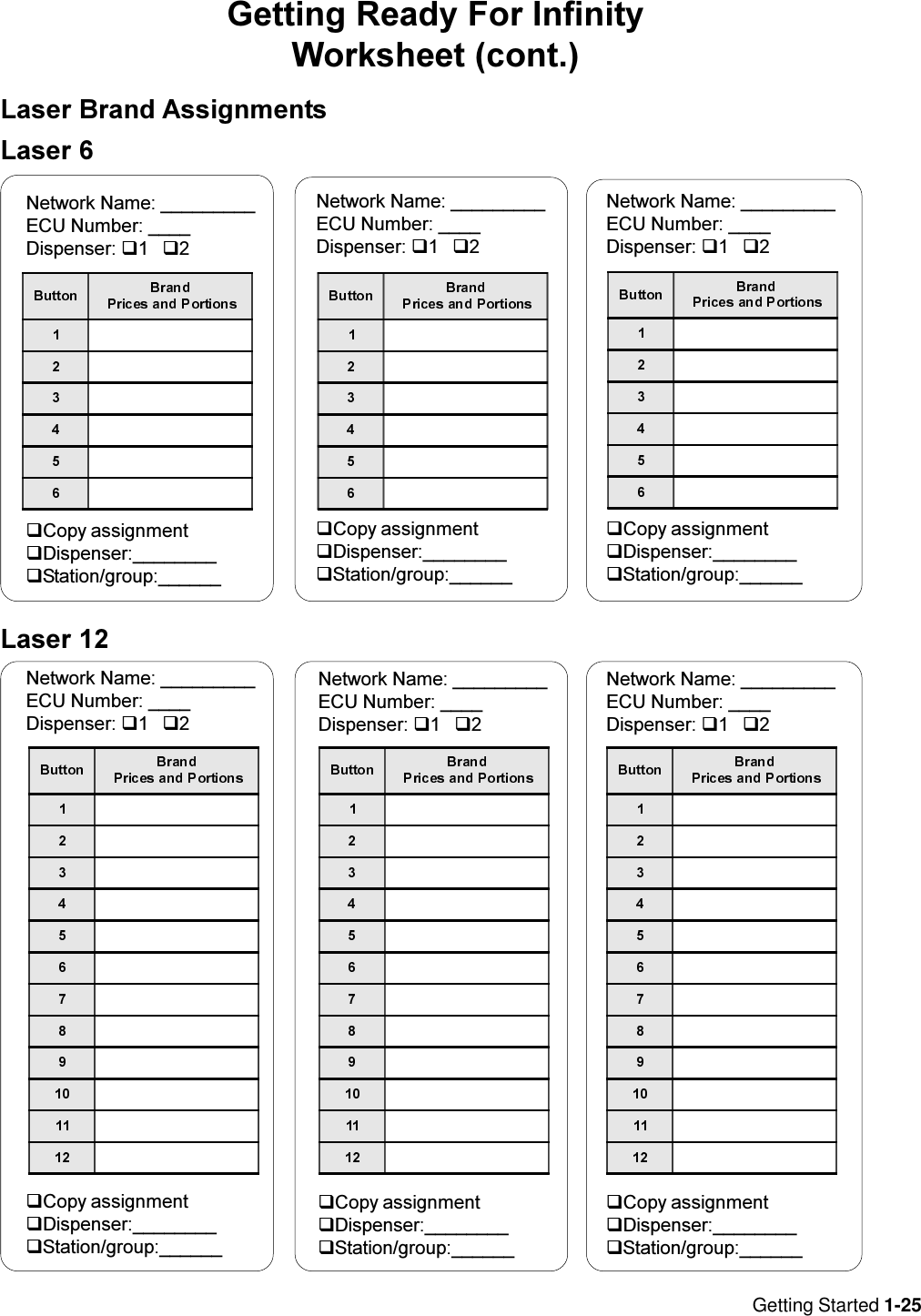 Getting Started 1-25Getting Ready For InfinityWorksheet (cont.)Laser Brand AssignmentsLaser 6Network Name: _________ECU Number: ____Dispenser: q1q2qCopy assignmentqDispenser:________qStation/group:______Network Name: _________ECU Number: ____Dispenser: q1q2qCopy assignmentqDispenser:________qStation/group:______Network Name: _________ECU Number: ____Dispenser: q1q2qCopy assignmentqDispenser:________qStation/group:______Laser 12Network Name: _________ECU Number: ____Dispenser: q1q2qCopy assignmentqDispenser:________qStation/group:______Network Name: _________ECU Number: ____Dispenser: q1q2qCopy assignmentqDispenser:________qStation/group:______Network Name: _________ECU Number: ____Dispenser: q1q2qCopy assignmentqDispenser:________qStation/group:______