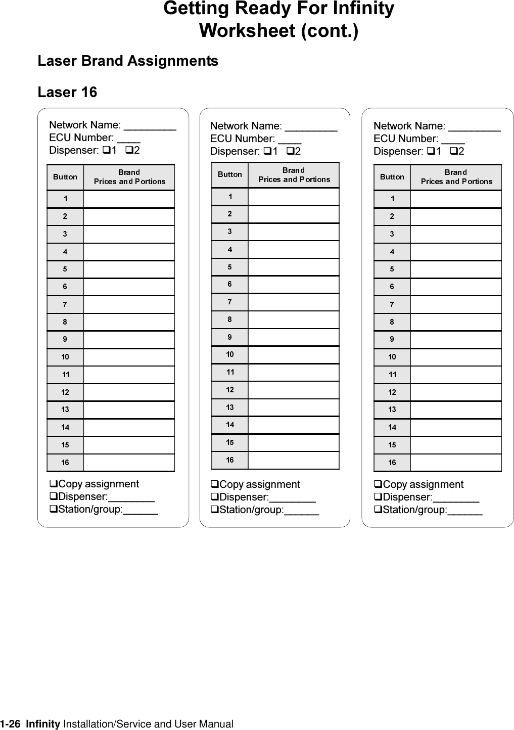1-26  Infinity Installation/Service and User ManualLaser 16Network Name: _________ECU Number: ____Dispenser: q1q2qCopy assignmentqDispenser:________qStation/group:______Getting Ready For InfinityWorksheet (cont.)Laser Brand AssignmentsNetwork Name: _________ECU Number: ____Dispenser: q1q2qCopy assignmentqDispenser:________qStation/group:______Network Name: _________ECU Number: ____Dispenser: q1q2qCopy assignmentqDispenser:________qStation/group:______