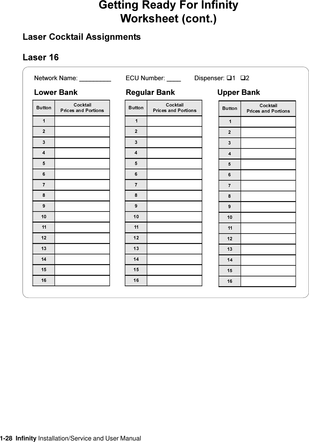 1-28  Infinity Installation/Service and User ManualLaser 16Network Name: _________ ECU Number: ____ Dispenser: q1q2Lower Bank Regular Bank Upper BankGetting Ready For InfinityWorksheet (cont.)Laser Cocktail Assignments