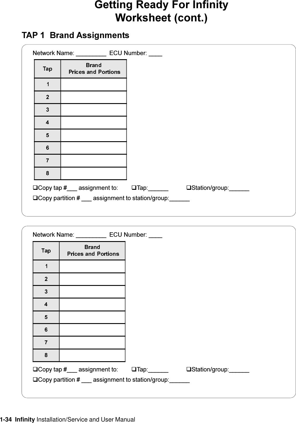 1-34  Infinity Installation/Service and User ManualGetting Ready For InfinityWorksheet (cont.)TAP 1  Brand AssignmentsNetwork Name: _________ ECU Number: ____qCopy tap #___ assignment to: qTap:______ qStation/group:______qCopy partition # ___ assignment to station/group:______Network Name: _________ ECU Number: ____qCopy tap #___ assignment to: qTap:______ qStation/group:______qCopy partition # ___ assignment to station/group:______