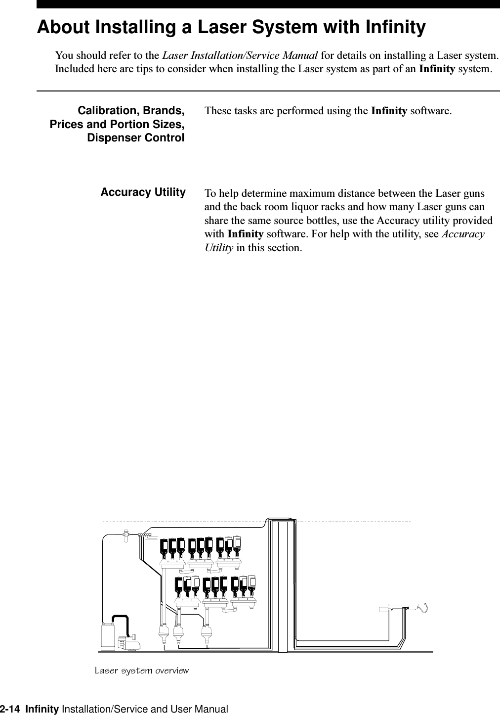 2-14  Infinity Installation/Service and User ManualAbout Installing a Laser System with InfinityYou should refer to the Laser Installation/Service Manual for details on installing a Laser system.Included here are tips to consider when installing the Laser system as part of an Infinity system.Calibration, Brands,Prices and Portion Sizes,Dispenser ControlThese tasks are performed using the Infinity software.Accuracy UtilityLaser system overviewTo help determine maximum distance between the Laser gunsand the back room liquor racks and how many Laser guns canshare the same source bottles, use the Accuracy utility providedwith Infinity software. For help with the utility, see AccuracyUtility in this section.