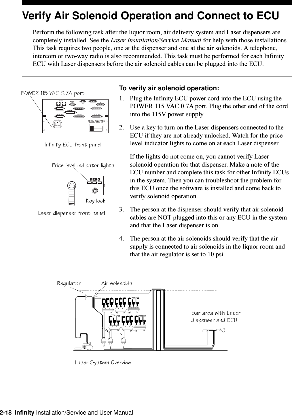 2-18  Infinity Installation/Service and User ManualPOWER 115 VAC 0.7A portVerify Air Solenoid Operation and Connect to ECUPerform the following task after the liquor room, air delivery system and Laser dispensers arecompletely installed. See the Laser Installation/Service Manual for help with those installations.This task requires two people, one at the dispenser and one at the air solenoids. A telephone,intercom or two-way radio is also recommended. This task must be performed for each InfinityECU with Laser dispensers before the air solenoid cables can be plugged into the ECU.To verify air solenoid operation:1. Plug the Infinity ECU power cord into the ECU using thePOWER 115 VAC 0.7A port. Plug the other end of the cordinto the 115V power supply.2. Use a key to turn on the Laser dispensers connected to theECU if they are not already unlocked. Watch for the pricelevel indicator lights to come on at each Laser dispenser.If the lights do not come on, you cannot verify Lasersolenoid operation for that dispenser. Make a note of theECU number and complete this task for other Infinity ECUsin the system. Then you can troubleshoot the problem forthis ECU once the software is installed and come back toverify solenoid operation.3. The person at the dispenser should verify that air solenoidcables are NOT plugged into this or any ECU in the systemand that the Laser dispenser is on.4. The person at the air solenoids should verify that the airsupply is connected to air solenoids in the liquor room andthat the air regulator is set to 10 psi.Laser System OverviewInfinity ECU front panelBar area with Laserdispenser and ECURegulator Air solenoidsPrice level indicator lightsLaser dispenser front panelKey lock