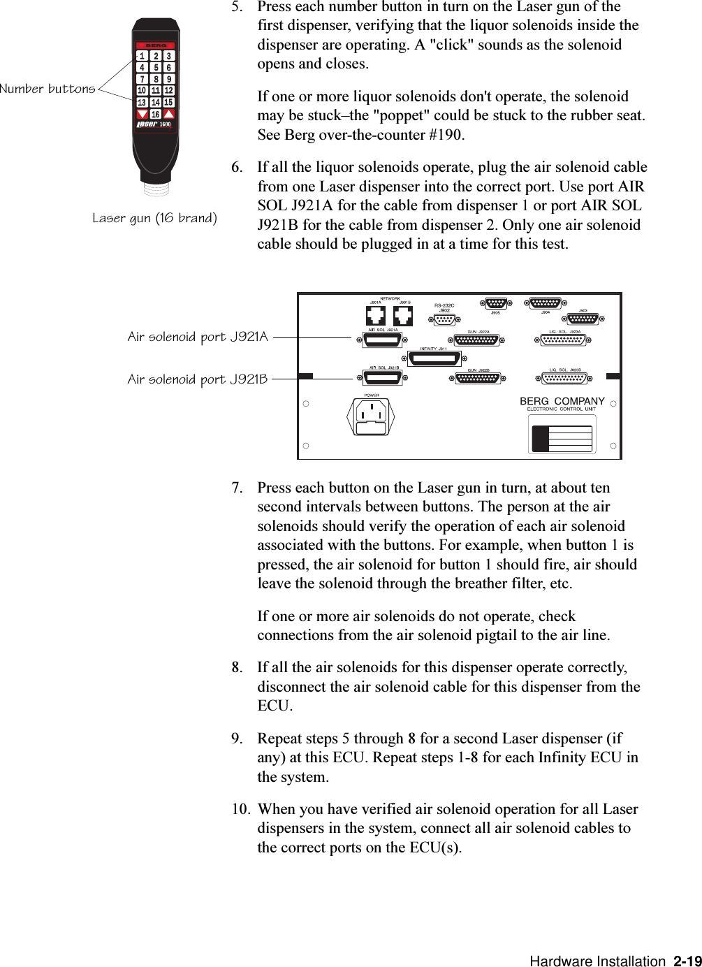   Hardware Installation  2-19Air solenoid port J921AAir solenoid port J921BT.M.byLaser gun (16 brand)Number buttons5. Press each number button in turn on the Laser gun of thefirst dispenser, verifying that the liquor solenoids inside thedispenser are operating. A &quot;click&quot; sounds as the solenoidopens and closes.If one or more liquor solenoids don&apos;t operate, the solenoidmay be stuckthe &quot;poppet&quot; could be stuck to the rubber seat.See Berg over-the-counter #190.6. If all the liquor solenoids operate, plug the air solenoid cablefrom one Laser dispenser into the correct port. Use port AIRSOL J921A for the cable from dispenser 1 or port AIR SOLJ921B for the cable from dispenser 2. Only one air solenoidcable should be plugged in at a time for this test.7. Press each button on the Laser gun in turn, at about tensecond intervals between buttons. The person at the airsolenoids should verify the operation of each air solenoidassociated with the buttons. For example, when button 1 ispressed, the air solenoid for button 1 should fire, air shouldleave the solenoid through the breather filter, etc.If one or more air solenoids do not operate, checkconnections from the air solenoid pigtail to the air line.8. If all the air solenoids for this dispenser operate correctly,disconnect the air solenoid cable for this dispenser from theECU.9. Repeat steps 5 through 8 for a second Laser dispenser (ifany) at this ECU. Repeat steps 1-8 for each Infinity ECU inthe system.10. When you have verified air solenoid operation for all Laserdispensers in the system, connect all air solenoid cables tothe correct ports on the ECU(s).