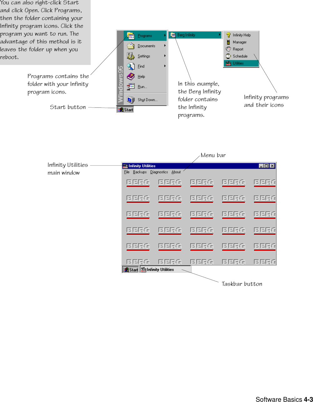  Software Basics 4-3Start buttonPrograms contains thefolder with your Infinityprogram icons. In this example,the Berg Infinityfolder containsthe Infinityprograms.Infinity programsand their iconsTaskbar buttonMenu barInfinity Utilitiesmain windowYou can also right-click Startand click Open. Click Programs,then the folder containing yourInfinity program icons. Click theprogram you want to run. Theadvantage of this method is itleaves the folder up when youreboot.