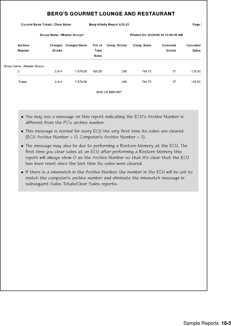  Sample Reports  18-5lYou may see a message on this report indicating the ECU&apos;s Archive Number isdifferent from the PC&apos;s archive number.lThis message is normal for every ECU the very first time its sales are cleared(ECU Archive Number = 0, Computer&apos;s Archive Number = 1).lThe message may also be due to performing a Restore Memory at the ECU. Thefirst time you clear sales at an ECU after performing a Restore Memory thisreport will always show 0 as the Archive Number so that it&apos;s clear that the ECUhas been reset since the last time its sales were cleared.lIf there is a mismatch in the Archive Number, the number in the ECU will be set tomatch the computer&apos;s archive number and eliminate the mismatch message insubsequent Sales Totals/Clear Sales reports.