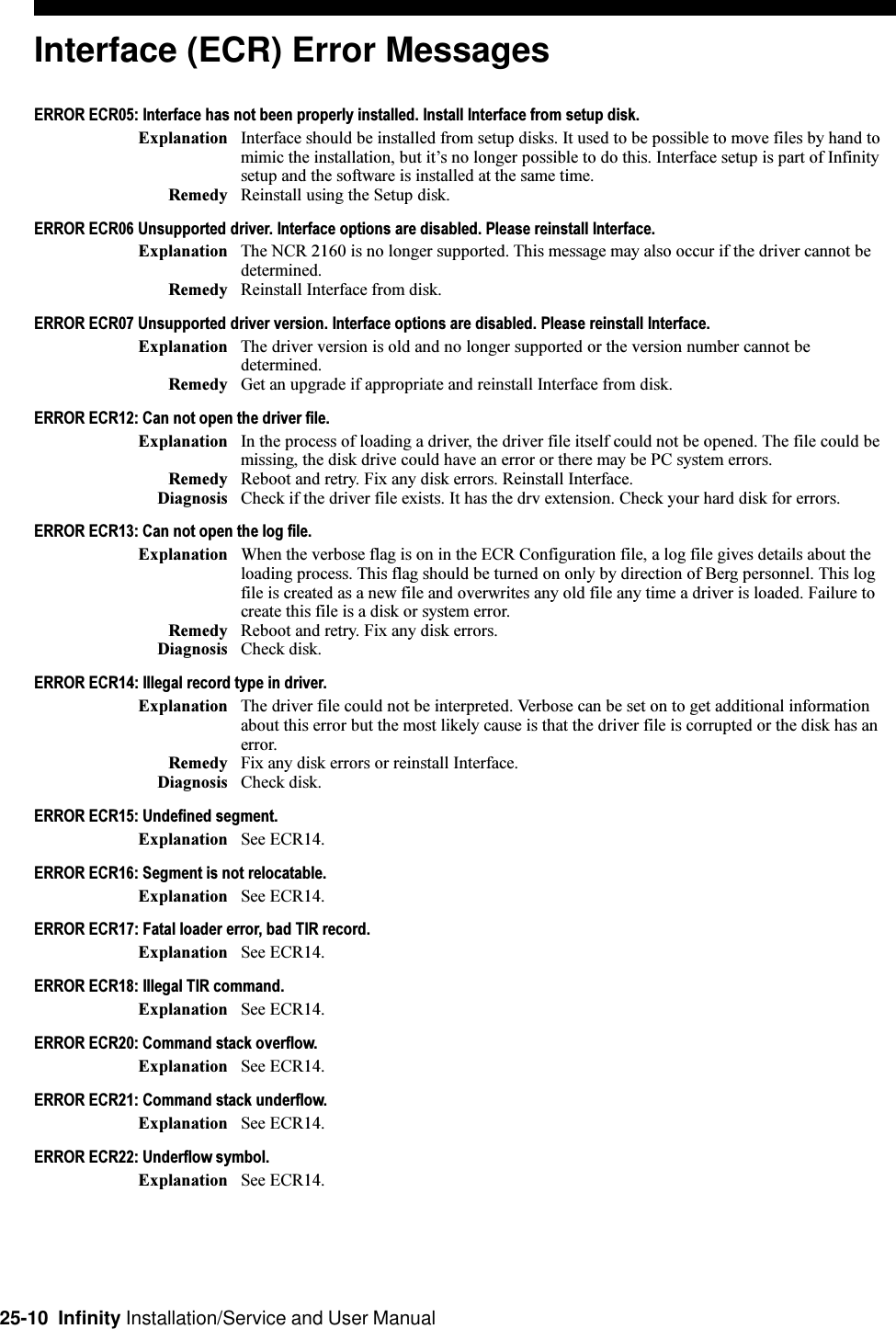 25-10  Infinity Installation/Service and User ManualInterface (ECR) Error MessagesERROR ECR05: Interface has not been properly installed. Install Interface from setup disk.Explanation Interface should be installed from setup disks. It used to be possible to move files by hand tomimic the installation, but its no longer possible to do this. Interface setup is part of Infinitysetup and the software is installed at the same time.Remedy Reinstall using the Setup disk.ERROR ECR06 Unsupported driver. Interface options are disabled. Please reinstall Interface.Explanation The NCR 2160 is no longer supported. This message may also occur if the driver cannot bedetermined.Remedy Reinstall Interface from disk.ERROR ECR07 Unsupported driver version. Interface options are disabled. Please reinstall Interface.Explanation The driver version is old and no longer supported or the version number cannot bedetermined.Remedy Get an upgrade if appropriate and reinstall Interface from disk.ERROR ECR12: Can not open the driver file.Explanation In the process of loading a driver, the driver file itself could not be opened. The file could bemissing, the disk drive could have an error or there may be PC system errors.Remedy Reboot and retry. Fix any disk errors. Reinstall Interface.Diagnosis Check if the driver file exists. It has the drv extension. Check your hard disk for errors.ERROR ECR13: Can not open the log file.Explanation When the verbose flag is on in the ECR Configuration file, a log file gives details about theloading process. This flag should be turned on only by direction of Berg personnel. This logfile is created as a new file and overwrites any old file any time a driver is loaded. Failure tocreate this file is a disk or system error.Remedy Reboot and retry. Fix any disk errors.Diagnosis Check disk.ERROR ECR14: Illegal record type in driver.Explanation The driver file could not be interpreted. Verbose can be set on to get additional informationabout this error but the most likely cause is that the driver file is corrupted or the disk has anerror.Remedy Fix any disk errors or reinstall Interface.Diagnosis Check disk.ERROR ECR15: Undefined segment.Explanation See ECR14.ERROR ECR16: Segment is not relocatable.Explanation See ECR14.ERROR ECR17: Fatal loader error, bad TIR record.Explanation See ECR14.ERROR ECR18: Illegal TIR command.Explanation See ECR14.ERROR ECR20: Command stack overflow.Explanation See ECR14.ERROR ECR21: Command stack underflow.Explanation See ECR14.ERROR ECR22: Underflow symbol.Explanation See ECR14.