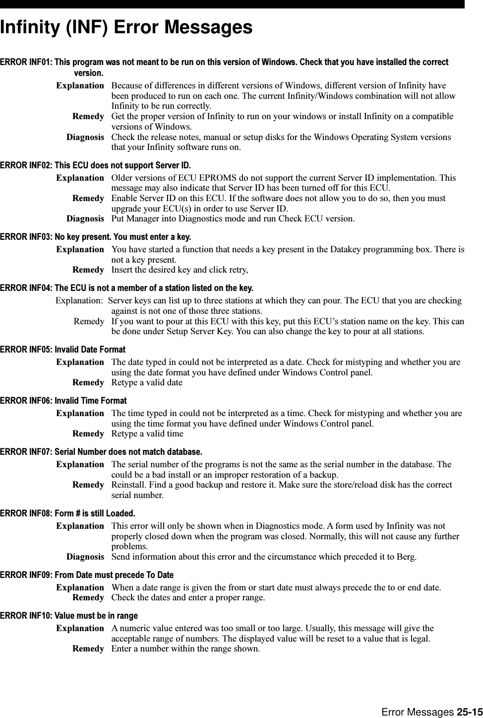 Error Messages 25-15Infinity (INF) Error MessagesERROR INF01: This program was not meant to be run on this version of Windows. Check that you have installed the correctversion.Explanation Because of differences in different versions of Windows, different version of Infinity havebeen produced to run on each one. The current Infinity/Windows combination will not allowInfinity to be run correctly.Remedy Get the proper version of Infinity to run on your windows or install Infinity on a compatibleversions of Windows.Diagnosis Check the release notes, manual or setup disks for the Windows Operating System versionsthat your Infinity software runs on.ERROR INF02: This ECU does not support Server ID.Explanation Older versions of ECU EPROMS do not support the current Server ID implementation. Thismessage may also indicate that Server ID has been turned off for this ECU.Remedy Enable Server ID on this ECU. If the software does not allow you to do so, then you mustupgrade your ECU(s) in order to use Server ID.Diagnosis Put Manager into Diagnostics mode and run Check ECU version.ERROR INF03: No key present. You must enter a key.Explanation You have started a function that needs a key present in the Datakey programming box. There isnot a key present.Remedy Insert the desired key and click retry,ERROR INF04: The ECU is not a member of a station listed on the key.Explanation: Server keys can list up to three stations at which they can pour. The ECU that you are checkingagainst is not one of those three stations.Remedy If you want to pour at this ECU with this key, put this ECUs station name on the key. This canbe done under Setup Server Key. You can also change the key to pour at all stations.ERROR INF05: Invalid Date FormatExplanation The date typed in could not be interpreted as a date. Check for mistyping and whether you areusing the date format you have defined under Windows Control panel.Remedy Retype a valid dateERROR INF06: Invalid Time FormatExplanation The time typed in could not be interpreted as a time. Check for mistyping and whether you areusing the time format you have defined under Windows Control panel.Remedy Retype a valid timeERROR INF07: Serial Number does not match database.Explanation The serial number of the programs is not the same as the serial number in the database. Thecould be a bad install or an improper restoration of a backup.Remedy Reinstall. Find a good backup and restore it. Make sure the store/reload disk has the correctserial number.ERROR INF08: Form # is still Loaded.Explanation This error will only be shown when in Diagnostics mode. A form used by Infinity was notproperly closed down when the program was closed. Normally, this will not cause any furtherproblems.Diagnosis Send information about this error and the circumstance which preceded it to Berg.ERROR INF09: From Date must precede To DateExplanation When a date range is given the from or start date must always precede the to or end date.Remedy Check the dates and enter a proper range.ERROR INF10: Value must be in rangeExplanation A numeric value entered was too small or too large. Usually, this message will give theacceptable range of numbers. The displayed value will be reset to a value that is legal.Remedy Enter a number within the range shown.