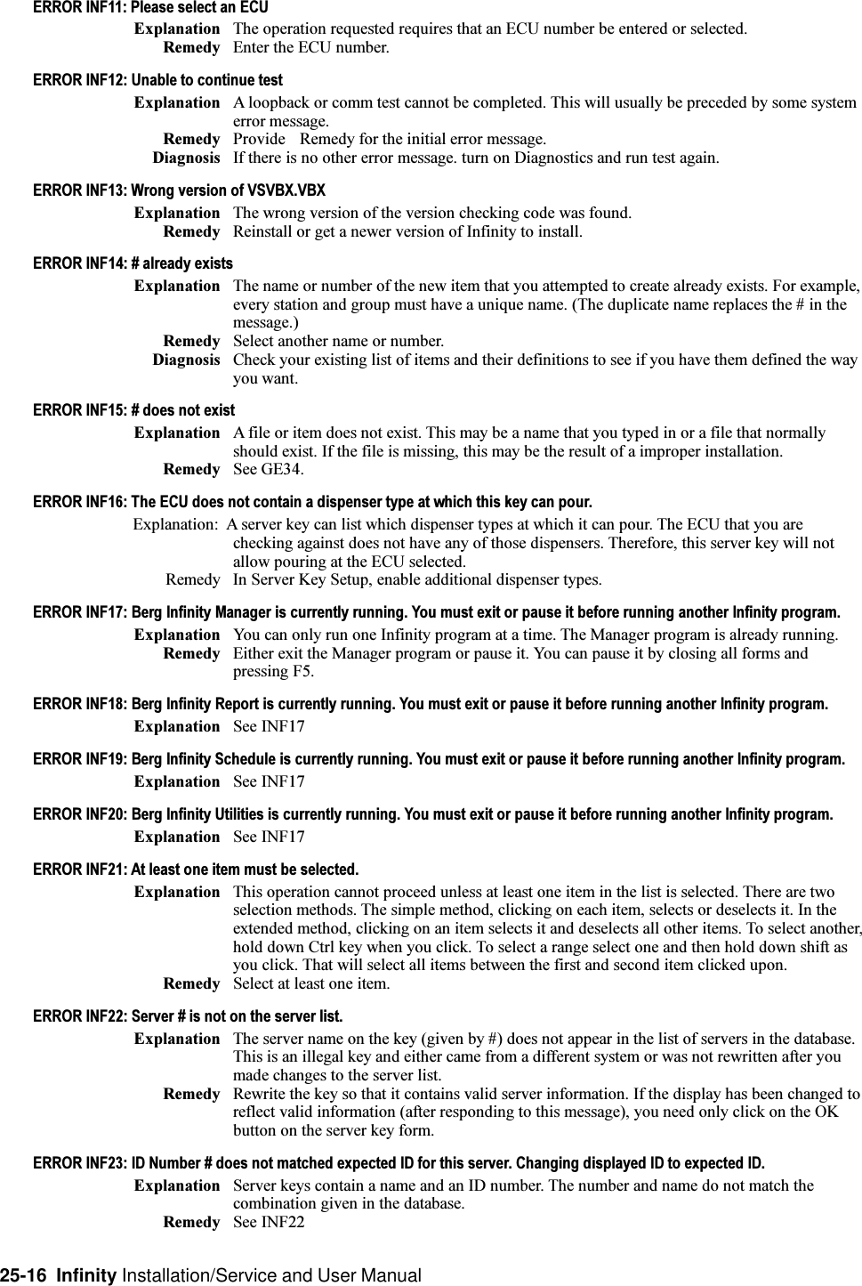 25-16  Infinity Installation/Service and User ManualERROR INF11: Please select an ECUExplanation The operation requested requires that an ECU number be entered or selected.Remedy Enter the ECU number.ERROR INF12: Unable to continue testExplanation A loopback or comm test cannot be completed. This will usually be preceded by some systemerror message.Remedy Provide Remedy for the initial error message.Diagnosis If there is no other error message. turn on Diagnostics and run test again.ERROR INF13: Wrong version of VSVBX.VBXExplanation The wrong version of the version checking code was found.Remedy Reinstall or get a newer version of Infinity to install.ERROR INF14: # already existsExplanation The name or number of the new item that you attempted to create already exists. For example,every station and group must have a unique name. (The duplicate name replaces the # in themessage.)Remedy Select another name or number.Diagnosis Check your existing list of items and their definitions to see if you have them defined the wayyou want.ERROR INF15: # does not existExplanation A file or item does not exist. This may be a name that you typed in or a file that normallyshould exist. If the file is missing, this may be the result of a improper installation.Remedy See GE34.ERROR INF16: The ECU does not contain a dispenser type at which this key can pour.Explanation: A server key can list which dispenser types at which it can pour. The ECU that you arechecking against does not have any of those dispensers. Therefore, this server key will notallow pouring at the ECU selected.Remedy In Server Key Setup, enable additional dispenser types.ERROR INF17: Berg Infinity Manager is currently running. You must exit or pause it before running another Infinity program.Explanation You can only run one Infinity program at a time. The Manager program is already running.Remedy Either exit the Manager program or pause it. You can pause it by closing all forms andpressing F5.ERROR INF18: Berg Infinity Report is currently running. You must exit or pause it before running another Infinity program.Explanation See INF17ERROR INF19: Berg Infinity Schedule is currently running. You must exit or pause it before running another Infinity program.Explanation See INF17ERROR INF20: Berg Infinity Utilities is currently running. You must exit or pause it before running another Infinity program.Explanation See INF17ERROR INF21: At least one item must be selected.Explanation This operation cannot proceed unless at least one item in the list is selected. There are twoselection methods. The simple method, clicking on each item, selects or deselects it. In theextended method, clicking on an item selects it and deselects all other items. To select another,hold down Ctrl key when you click. To select a range select one and then hold down shift asyou click. That will select all items between the first and second item clicked upon.Remedy Select at least one item.ERROR INF22: Server # is not on the server list.Explanation The server name on the key (given by #) does not appear in the list of servers in the database.This is an illegal key and either came from a different system or was not rewritten after youmade changes to the server list.Remedy Rewrite the key so that it contains valid server information. If the display has been changed toreflect valid information (after responding to this message), you need only click on the OKbutton on the server key form.ERROR INF23: ID Number # does not matched expected ID for this server. Changing displayed ID to expected ID.Explanation Server keys contain a name and an ID number. The number and name do not match thecombination given in the database.Remedy See INF22