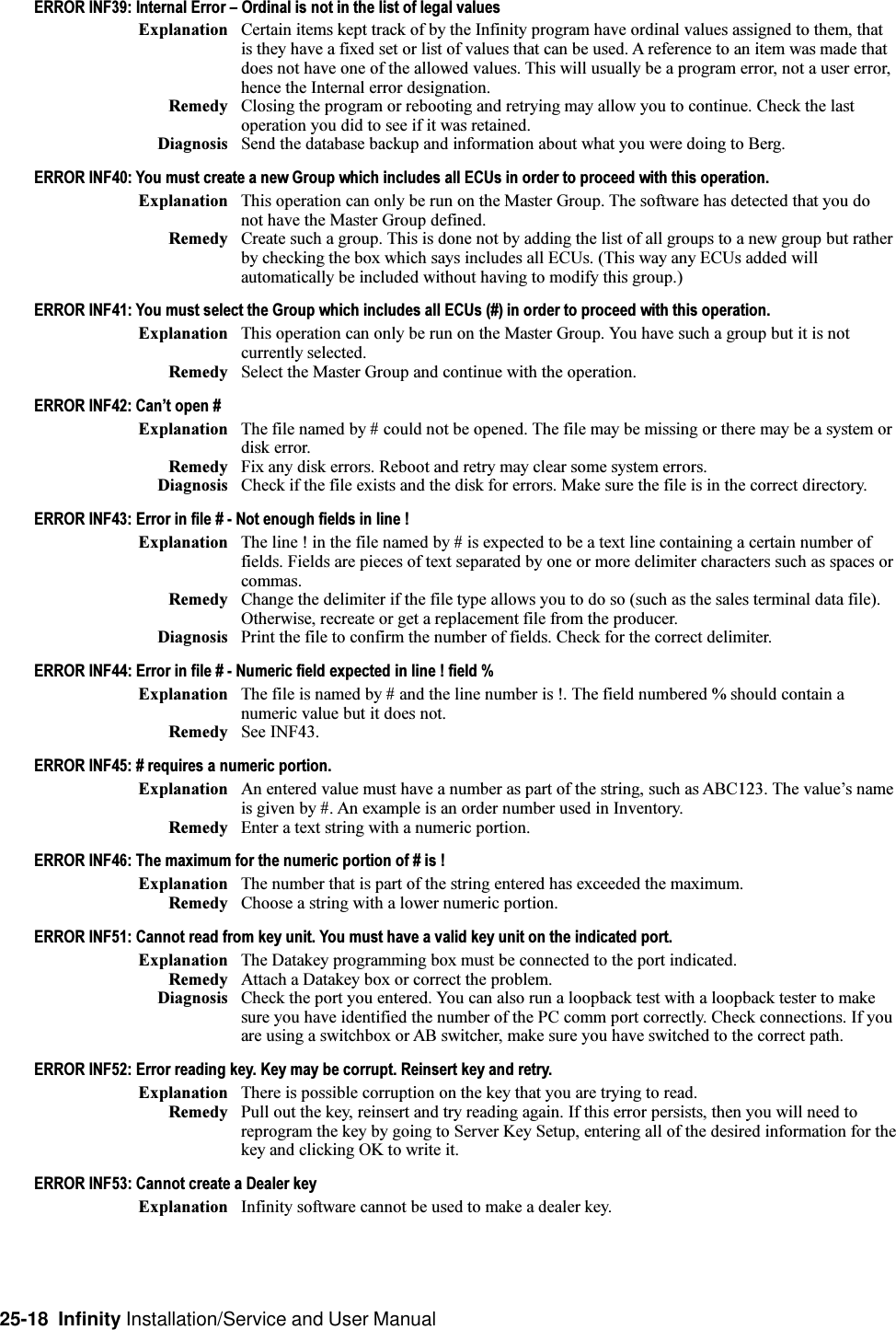 25-18  Infinity Installation/Service and User ManualERROR INF39: Internal Error  Ordinal is not in the list of legal valuesExplanation Certain items kept track of by the Infinity program have ordinal values assigned to them, thatis they have a fixed set or list of values that can be used. A reference to an item was made thatdoes not have one of the allowed values. This will usually be a program error, not a user error,hence the Internal error designation.Remedy Closing the program or rebooting and retrying may allow you to continue. Check the lastoperation you did to see if it was retained.Diagnosis Send the database backup and information about what you were doing to Berg.ERROR INF40: You must create a new Group which includes all ECUs in order to proceed with this operation.Explanation This operation can only be run on the Master Group. The software has detected that you donot have the Master Group defined.Remedy Create such a group. This is done not by adding the list of all groups to a new group but ratherby checking the box which says includes all ECUs. (This way any ECUs added willautomatically be included without having to modify this group.)ERROR INF41: You must select the Group which includes all ECUs (#) in order to proceed with this operation.Explanation This operation can only be run on the Master Group. You have such a group but it is notcurrently selected.Remedy Select the Master Group and continue with the operation.ERROR INF42: Cant open #Explanation The file named by # could not be opened. The file may be missing or there may be a system ordisk error.Remedy Fix any disk errors. Reboot and retry may clear some system errors.Diagnosis Check if the file exists and the disk for errors. Make sure the file is in the correct directory.ERROR INF43: Error in file # - Not enough fields in line !Explanation The line ! in the file named by # is expected to be a text line containing a certain number offields. Fields are pieces of text separated by one or more delimiter characters such as spaces orcommas.Remedy Change the delimiter if the file type allows you to do so (such as the sales terminal data file).Otherwise, recreate or get a replacement file from the producer.Diagnosis Print the file to confirm the number of fields. Check for the correct delimiter.ERROR INF44: Error in file # - Numeric field expected in line ! field %Explanation The file is named by # and the line number is !. The field numbered % should contain anumeric value but it does not.Remedy See INF43.ERROR INF45: # requires a numeric portion.Explanation An entered value must have a number as part of the string, such as ABC123. The values nameis given by #. An example is an order number used in Inventory.Remedy Enter a text string with a numeric portion.ERROR INF46: The maximum for the numeric portion of # is !Explanation The number that is part of the string entered has exceeded the maximum.Remedy Choose a string with a lower numeric portion.ERROR INF51: Cannot read from key unit. You must have a valid key unit on the indicated port.Explanation The Datakey programming box must be connected to the port indicated.Remedy Attach a Datakey box or correct the problem.Diagnosis Check the port you entered. You can also run a loopback test with a loopback tester to makesure you have identified the number of the PC comm port correctly. Check connections. If youare using a switchbox or AB switcher, make sure you have switched to the correct path.ERROR INF52: Error reading key. Key may be corrupt. Reinsert key and retry.Explanation There is possible corruption on the key that you are trying to read.Remedy Pull out the key, reinsert and try reading again. If this error persists, then you will need toreprogram the key by going to Server Key Setup, entering all of the desired information for thekey and clicking OK to write it.ERROR INF53: Cannot create a Dealer keyExplanation Infinity software cannot be used to make a dealer key.