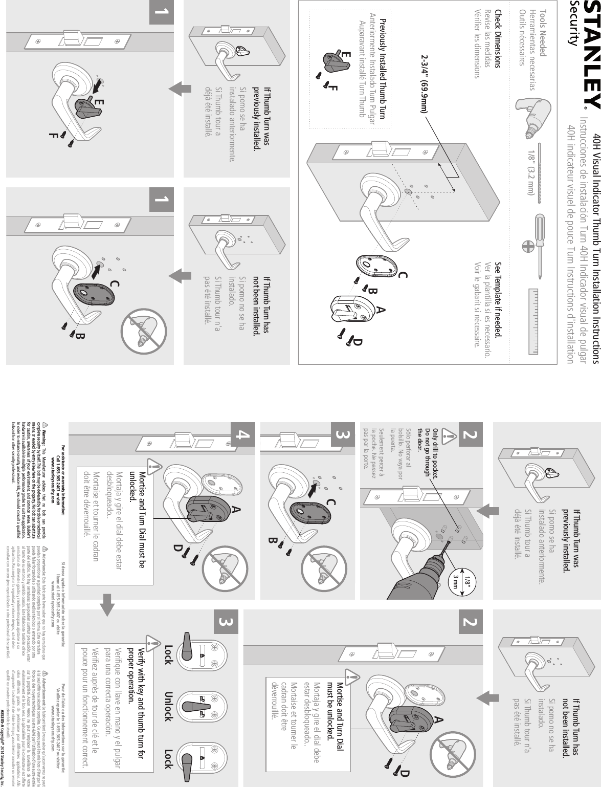 Page 1 of 2 - BEST  40H Visual Indicator Thumb Turn Installation Instructions A85316