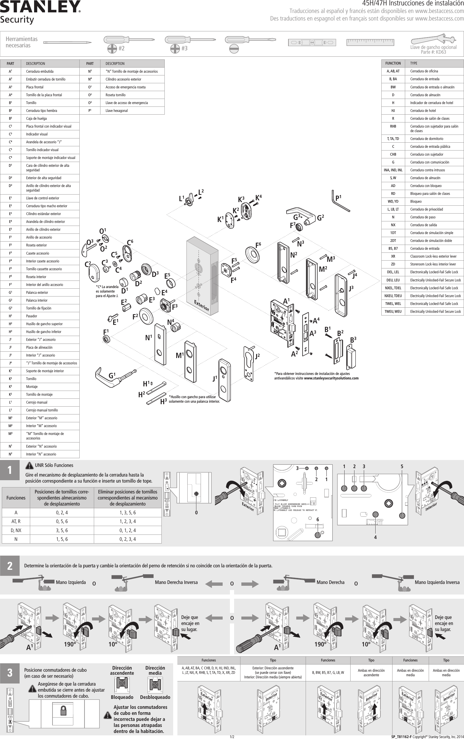 Page 1 of 2 - BEST  Installation Instructions For 45H And 47H Mortise Locks - Spanish SP T81162