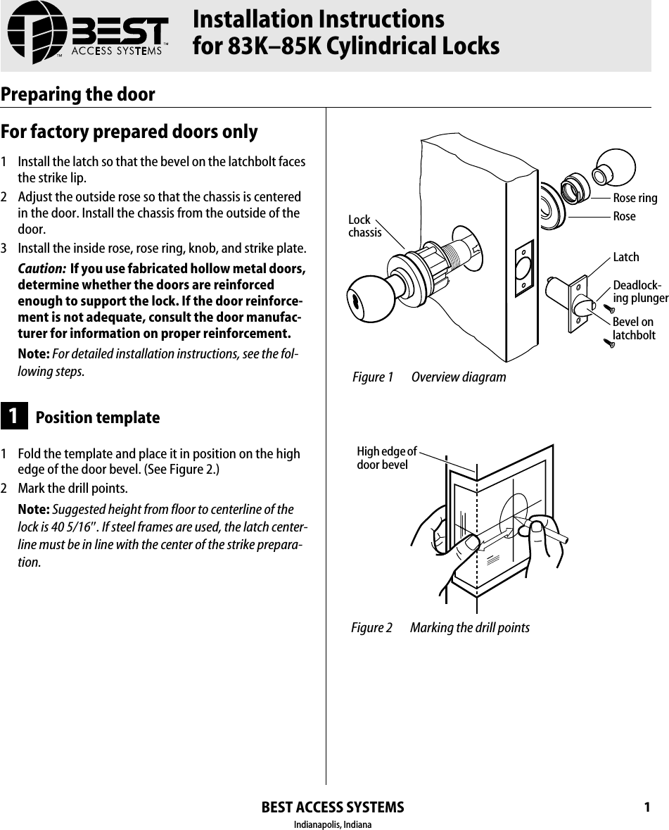 Page 1 of 4 - BEST Installation Instructions For 83K–85K Cylindrical Locks 8K T56066a