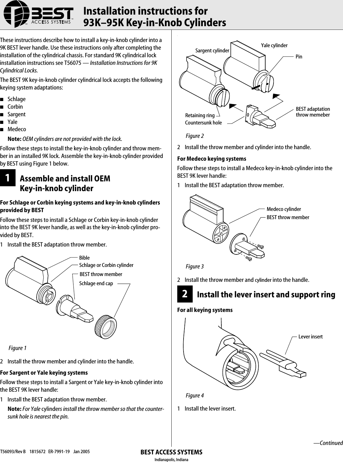 Page 1 of 2 - BEST Installation Instructions For 93K–95K Key-in-Knob Cylinders 93K 95K Key In Knob T56093b