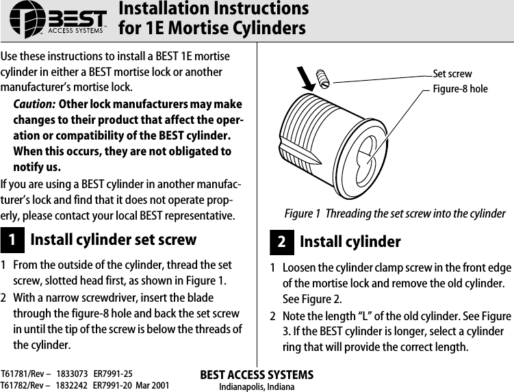 BEST Installation Instructions For 1E Mortise Cylinders T61781 T61782
