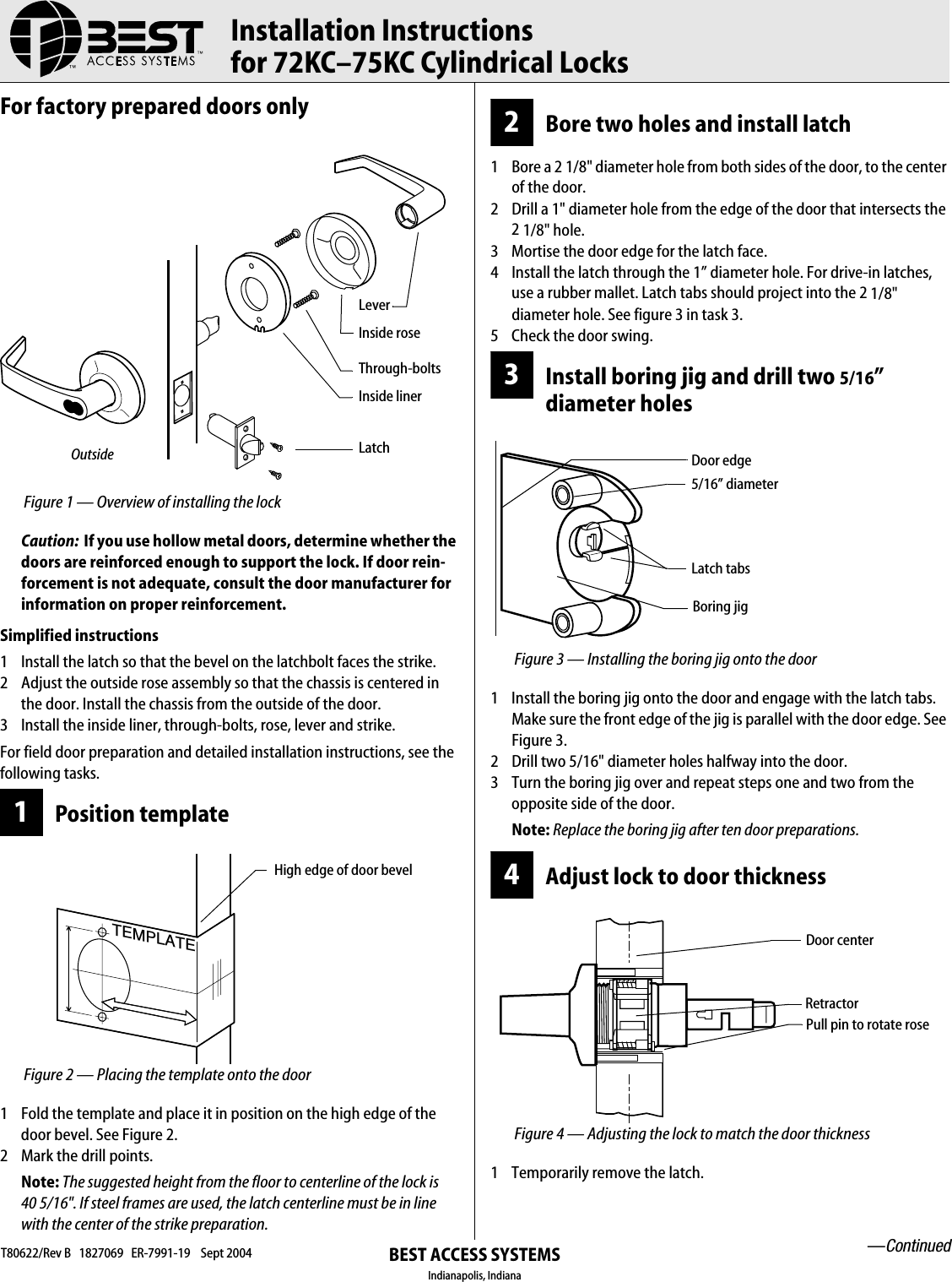 BEST Installation Instructions For 72KC75KC Cylindrical Locks 72KC