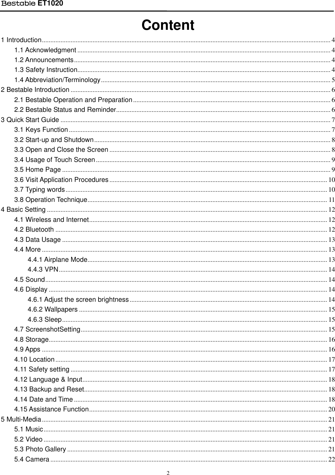 Page 2 of BESTOM TECHNOLOGY ET1020 Bestable User Manual Tablet IF Module