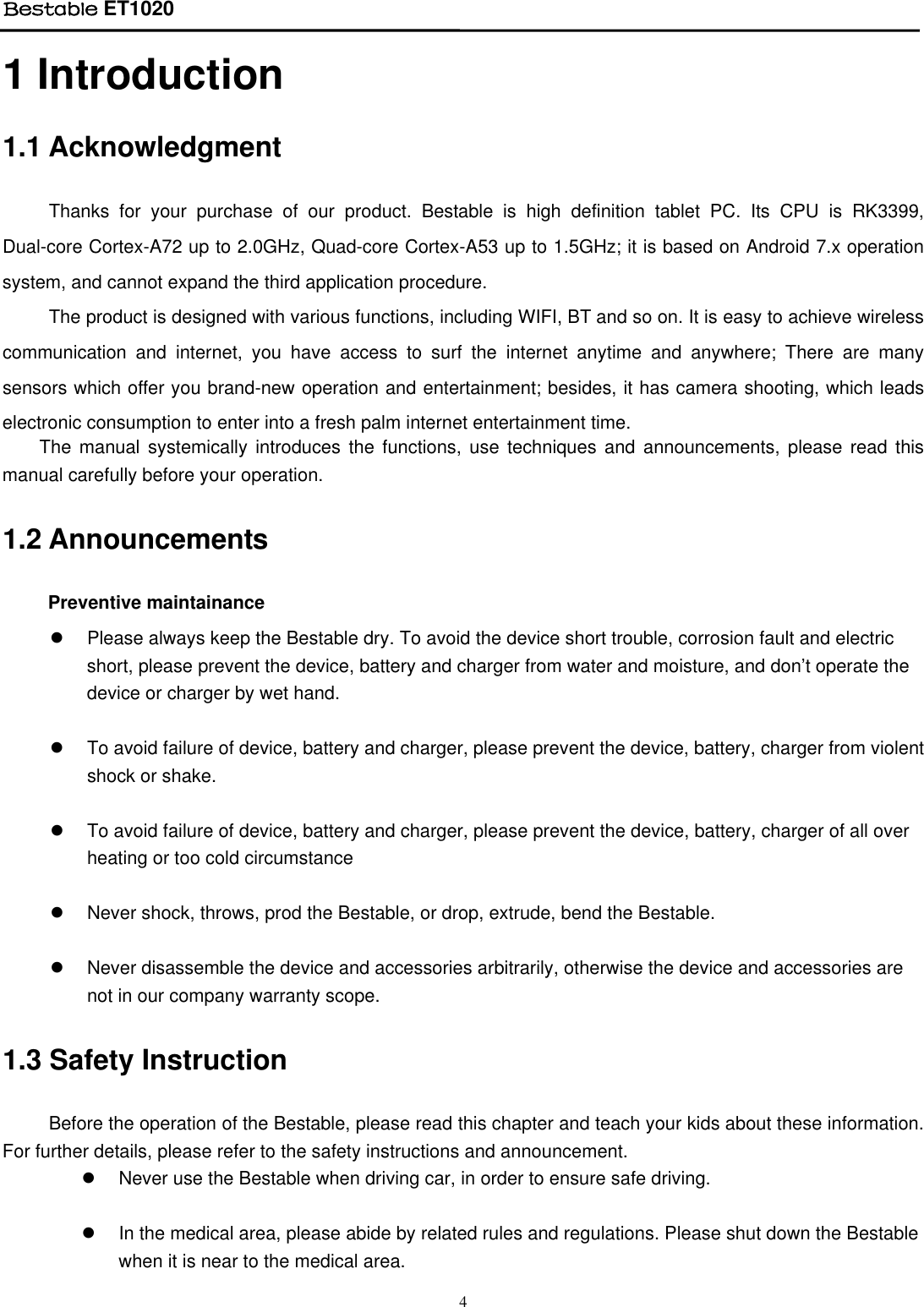 Page 4 of BESTOM TECHNOLOGY ET1020 Bestable User Manual Tablet IF Module