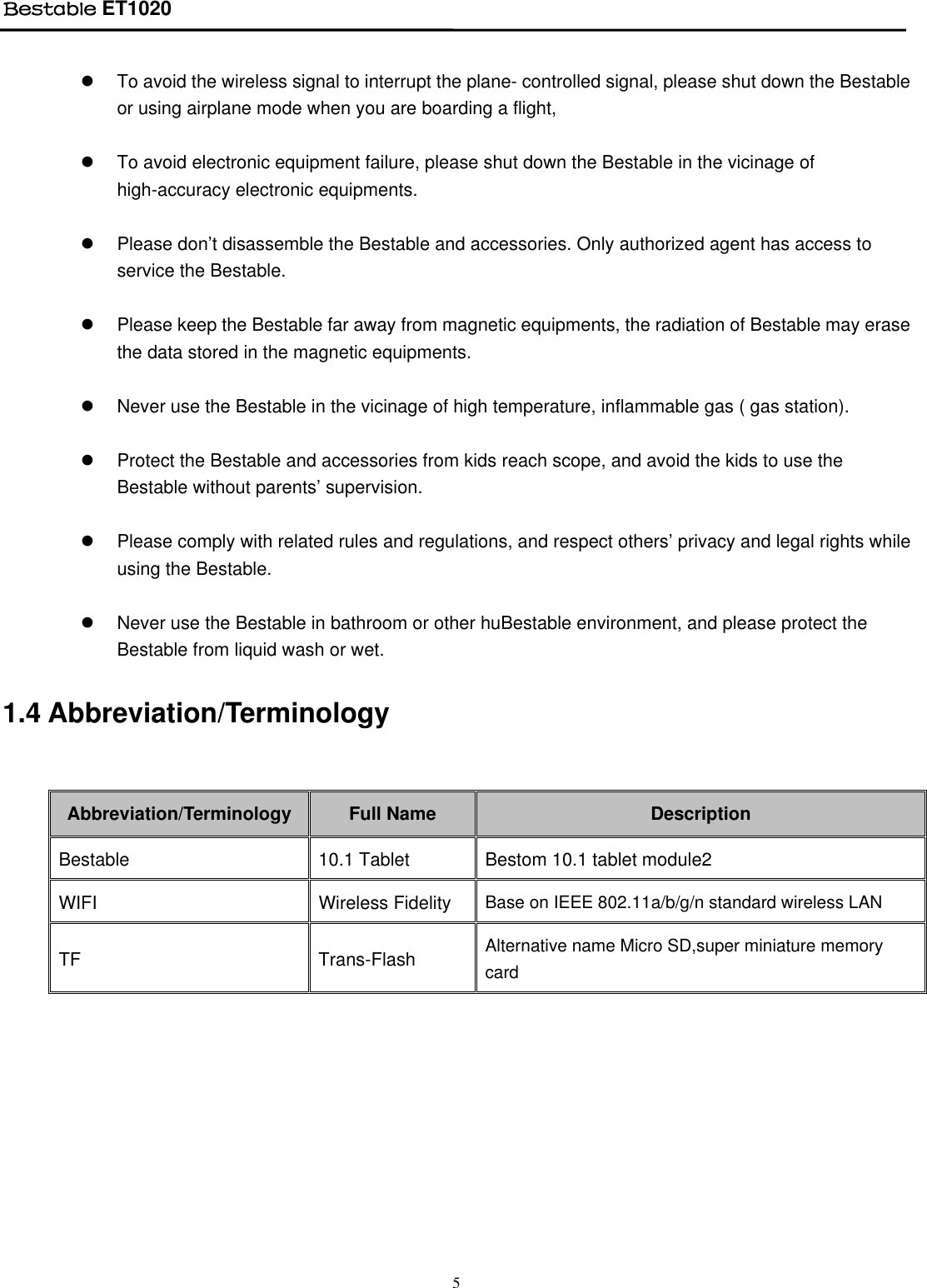 Page 5 of BESTOM TECHNOLOGY ET1020 Bestable User Manual Tablet IF Module
