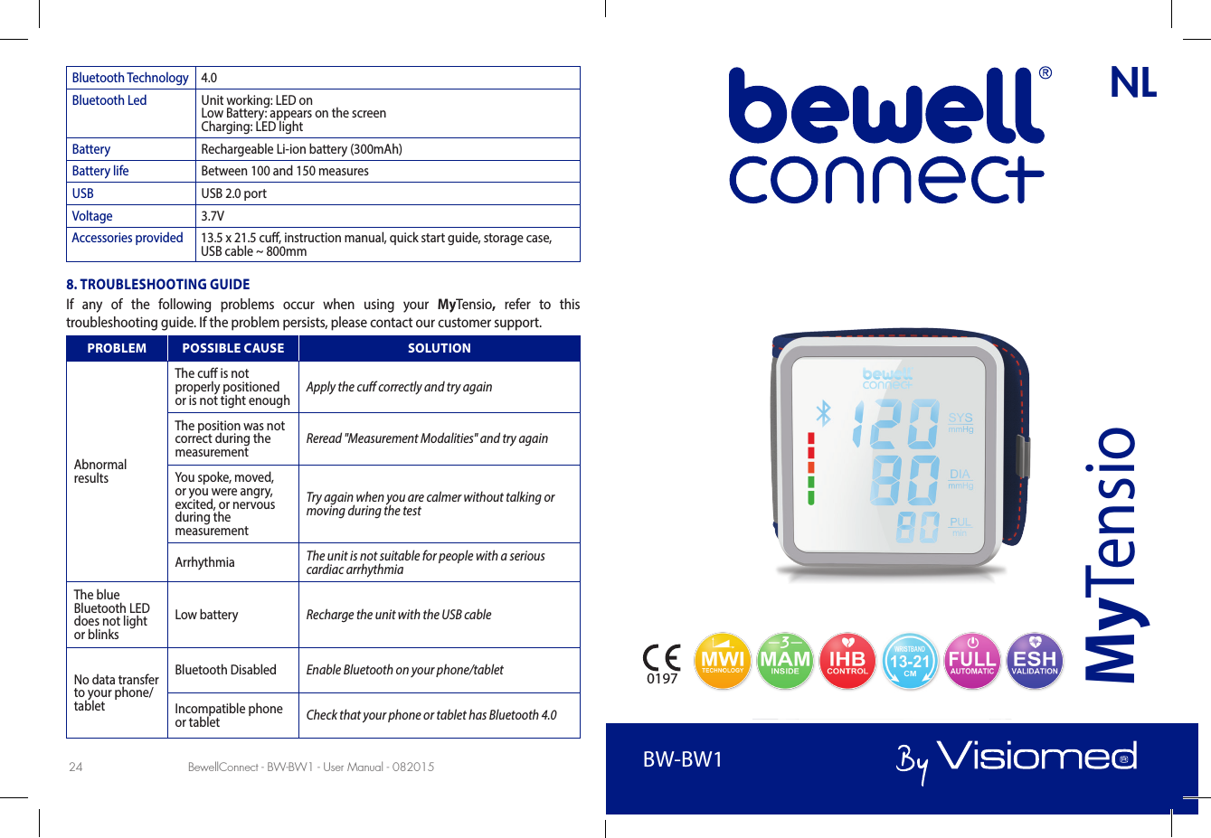 BewellConnect - BW-BW1 - User Manual - 082015 BewellConnect - BW-BW1 - User Manual - 08201524 25Bluetooth Technology 4.0Bluetooth Led  Unit working: LED on Low Battery: appears on the screen Charging: LED lightBattery Rechargeable Li-ion battery (300mAh)Battery life Between 100 and 150 measuresUSB USB 2.0 portVoltage 3.7VAccessories provided 13.5 x 21.5 cu, instruction manual, quick start guide, storage case, USB cable ~ 800mm8. TROUBLESHOOTING GUIDEIf any of the following problems occur when using your MyTensio, refer to this troubleshooting guide. If the problem persists, please contact our customer support.PROBLEM POSSIBLE CAUSE SOLUTIONAbnormal resultsThe cu is not properly positioned or is not tight enough Apply the cu correctly and try again The position was not correct during the measurement Reread &quot;Measurement Modalities&quot; and try againYou spoke, moved, or you were angry, excited, or nervous during the measurementTry again when you are calmer without talking or moving during the test Arrhythmia  The unit is not suitable for people with a serious cardiac arrhythmiaThe blue Bluetooth LED does not light or blinksLow battery Recharge the unit with the USB cableNo data transfer to your phone/tabletBluetooth Disabled Enable Bluetooth on your phone/tabletIncompatible phone or tablet  Check that your phone or tablet has Bluetooth 4.0NLBW-BW1MyTensio0197BW-BW1