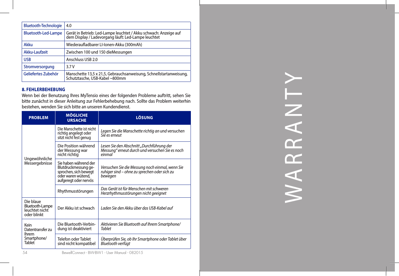 BewellConnect - BW-BW1 - User Manual - 08201554Bluetooth-Technologie 4.0Bluetooth-Led-Lampe Gerät in Betrieb: Led-Lampe leuchtet / Akku schwach: Anzeige auf dem Display / Ladevorgang läuft: Led-Lampe leuchtetAkku Wiederauadbarer LI-Ionen-Akku (300mAh)Akku-Laufzeit Zwischen 100 und 150 dieMessungenUSB Anschluss USB 2.0Stromversorgung 3.7 VGeliefertes Zubehör Manschette 13,5 x 21,5, Gebrauchsanweisung, Schnellstartanweisung, Schutztasche, USB-Kabel ~800mm8. FEHLERBEHEBUNGWenn bei der Benutzung Ihres MyTensio eines der folgenden Probleme auftritt, sehen Sie bitte zunächst in dieser Anleitung zur Fehlerbehebung nach. Sollte das Problem weiterhin bestehen, wenden Sie sich bitte an unseren Kundendienst.PROBLEM MÖGLICHE URSACHE LÖSUNGUngewöhnliche Messergebnisse Die Manschette ist nicht richtig angelegt oder sitzt nicht fest genugLegen Sie die Manschette richtig an und versuchen Sie es erneut Die Position während der Messung war nicht richtigLesen Sie den Abschnitt „Durchführung der Messung“ erneut durch und versuchen Sie es noch einmalSie haben während der Blutdruckmessung ge-sprochen, sich bewegt oder waren wütend, aufgeregt oder nervösVersuchen Sie die Messung noch einmal, wenn Sie ruhiger sind – ohne zu sprechen oder sich zu bewegenRhythmusstörungen  Das Gerät ist für Menschen mit schweren Herzrhythmusstörungen nicht geeignetDie blaue Bluetooth-Lampe leuchtet nicht oder blinktDer Akku ist schwach Laden Sie den Akku über das USB-Kabel aufKein Datentransfer zu Ihrem Smartphone/TabletDie Bluetooth-Verbin-dung ist deaktiviert Aktivieren Sie Bluetooth auf Ihrem Smartphone/TabletTelefon oder Tablet sind nicht kompatibel Überprüfen Sie, ob Ihr Smartphone oder Tablet über Bluetooth verfügtWARRANTY