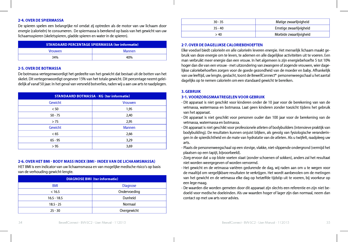 BewellConnect - BW-SC2 - User Manual - 112015 BewellConnect - BW-SC2 - User Manual - 11201534 3524. OVER DE SPIERMASSADe spieren spelen een belangrijke rol omdat zij optreden als de motor van uw lichaam door energie (calorieën) te consumeren.  De spiermassa is berekend op basis van het gewicht van uw lichaamsspieren (skeletspieren, gladde spieren en water in de spieren).STANDAARD PERCENTAGE SPIERMASSA ter informatieVrouwen Mannen34% 40%25. OVER DE BOTMASSA De botmassa vertegenwoordigt het gedeelte van het gewicht dat bestaat uit de botten van het skelet. Dit vertegenwoordigt ongeveer 15% van het totale gewicht. Dit percentage neemt gelei-delijk af vanaf 50 jaar. In het geval van versneld botverlies, raden wij u aan uw arts te raadplegen.STANDAARD BOTMASSA  KG  ter informatieGewicht Vrouwen&lt; 50 1,9550 - 75 2,40&gt; 75 2,95Gewicht Mannen&lt; 65 2,6665 - 95 3,29&gt; 95 3,6926. OVER HET BMI  BODY MASS INDEX BMI  INDEX VAN DE LICHAAMSMASSAHET BMI is een indicator van uw lichaamsmassa en van mogelijke medische risico’s op basis van de verhouding gewicht-lengte.DIAGNOSE BMI  ter informatieBMI Diagnose&lt; 16.5 Ondervoeding16.5 - 18.5 Dunheid18.5 - 25 Normaal25 - 30 Overgewicht30 - 35 Matige zwaarlijvigheid35 - 40 Ernstige zwaarlijvigheid&gt; 40 Morbide zwaarlijvigheid27. OVER DE DAGELIJKSE CALORIEBEHOEFTENElke voedsel biedt calorieën en alle calorieën leveren energie. Het menselijk lichaam maakt ge-bruik van deze energie om te leven, te ademen en alle dagelijkse activiteiten uit te voeren. Een man verbruikt meer energie dan een vrouw. In het algemeen is zijn energiebehoefte 5 tot 10% hoger dan die van een vrouw - met uitzondering van zwangere of zogende vrouwen, wier dage-lijkse caloriebehoeften zorgen voor de goede gezondheid van de moeder en baby. Afhankelijk van uw leeftijd, uw lengte, geslacht, toont de BewellConnect®  personenweegschaal u het aantal dagelijks op te nemen calorieën om een standaard gewicht te bereiken.  3. GEBRUIK31. VOORZORGSMAATREGELEN VOOR GEBRUIK-  Dit apparaat is niet geschikt voor kinderen onder de 10 jaar voor de berekening van van de vetmassa, watermassa en botmassa. Laat geen kinderen zonder toezicht tijdens het gebruik van het apparaat. -  Dit apparaat is niet geschikt voor personen ouder dan 100 jaar voor de berekening van de vetmassa, watermassa en botmassa.-  Dit apparaat is niet geschikt voor professionele atleten of bodybuilders (intensieve praktijk van bodybuilding). De resultaten kunnen onjuist blijken, als gevolg van fysiologische veranderin-gen in de spierdichtheid en de mate van hydratatie van de atleten. Als u twijfelt, raadpleeg uw arts. -  Plaats de personenweegschaal op een stevige, vlakke, niet-slippende ondergrond (vermijd het plaatsen op een tapijt, bijvoorbeeld). -  Zorg ervoor dat u op blote voeten staat (zonder schoenen of sokken), anders zal het resultaat niet worden weergegeven of worden vervormd. -  Het gewicht en de vetmassa variëren gedurende de dag, wij raden aan om u te wegen voor de maaltijd om vergelijkbare resultaten te verkrijgen. Het wordt aanbevolen om de metingen van het gewicht en de vetmassa elke dag op hetzelfde tijdstip uit te voeren, bij voorkeur op een lege maag. -  De waarden die worden gemeten door dit apparaat zijn slechts een referentie en zijn niet be-doeld voor medische doeleinden. Als uw waarden hoger of lager zijn dan normaal, neem dan contact op met uw arts voor advies.