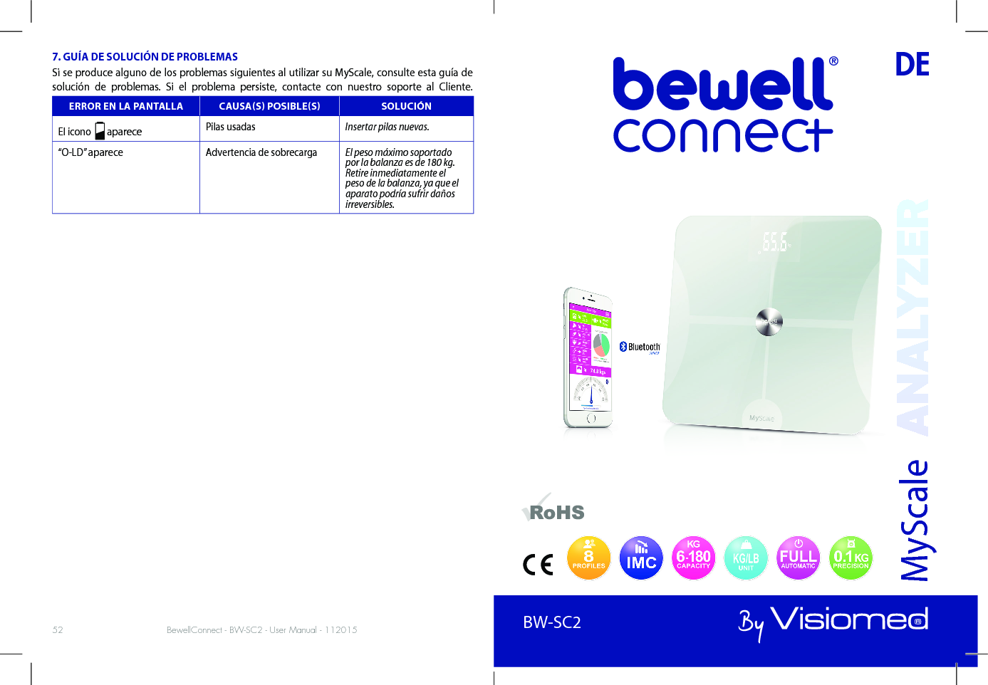 BewellConnect - BW-SC2 - User Manual - 112015 BewellConnect - BW-SC2 - User Manual - 11201552 53DEBW-SC2MyScale7. GUÍA DE SOLUCIÓN DE PROBLEMASSi se produce alguno de los problemas siguientes al utilizar su MyScale, consulte esta guía de solución de problemas. Si el problema persiste, contacte con nuestro soporte al Cliente. ERROR EN LA PANTALLA CAUSAS POSIBLES SOLUCIÓNEl icono    aparece Pilas usadas Insertar pilas nuevas.“O-LD” aparece Advertencia de sobrecarga El peso máximo soportado por la balanza es de 180 kg. Retire inmediatamente el peso de la balanza, ya que el aparato podría sufrir daños irreversibles.