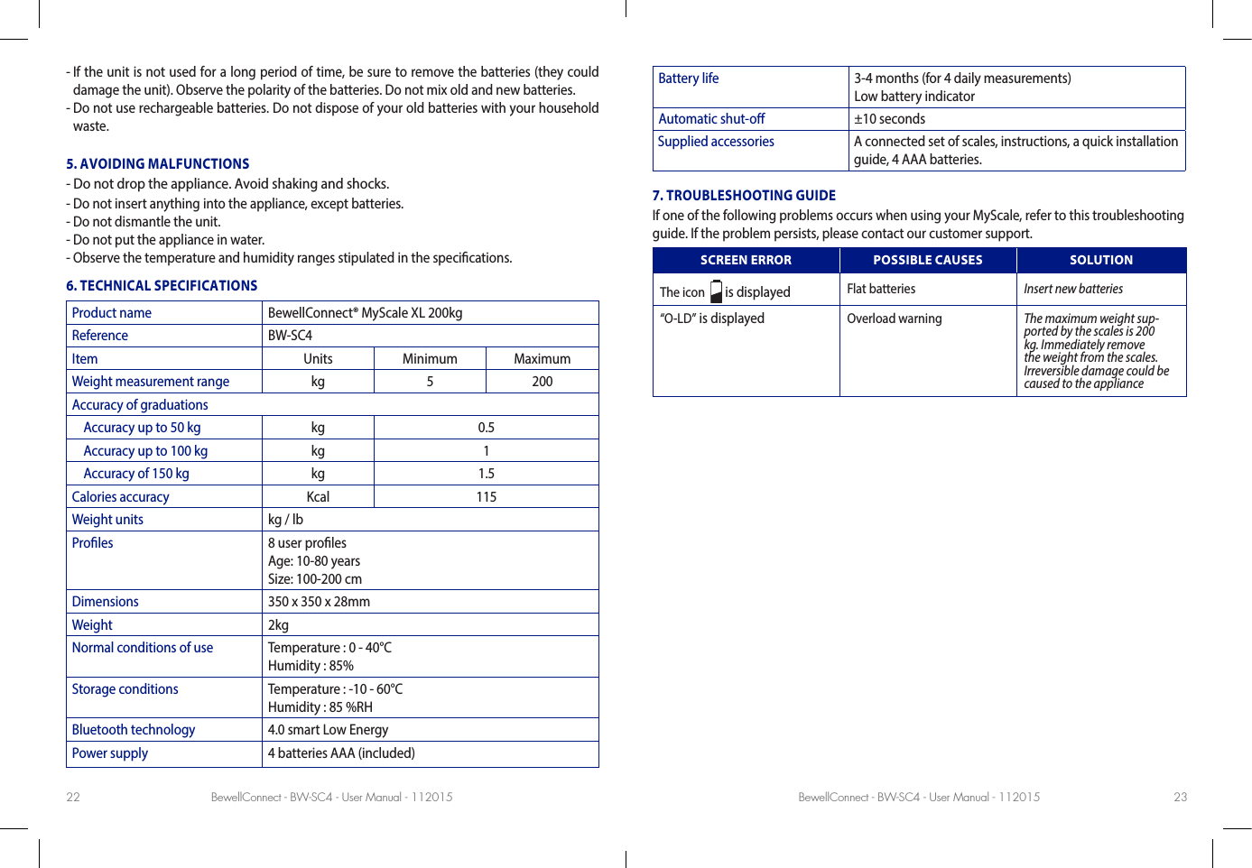 BewellConnect - BW-SC4 - User Manual - 112015 BewellConnect - BW-SC4 - User Manual - 11201522 23-  If the unit is not used for a long period of time, be sure to remove the batteries (they could damage the unit). Observe the polarity of the batteries. Do not mix old and new batteries. -  Do not use rechargeable batteries. Do not dispose of your old batteries with your household waste. 5. AVOIDING MALFUNCTIONS- Do not drop the appliance. Avoid shaking and shocks.  - Do not insert anything into the appliance, except batteries.- Do not dismantle the unit. - Do not put the appliance in water.- Observe the temperature and humidity ranges stipulated in the specications.6. TECHNICAL SPECIFICATIONSProduct name BewellConnect® MyScale XL 200kgReference BW-SC4Item Units Minimum MaximumWeight measurement range kg 5 200Accuracy of graduations    Accuracy up to 50 kg kg 0.5    Accuracy up to 100 kg kg 1    Accuracy of 150 kg kg 1.5Calories accuracy Kcal 115Weight units kg / lb Proles 8 user proles Age: 10-80 years Size: 100-200 cmDimensions 350 x 350 x 28mmWeight 2kgNormal conditions of use Temperature : 0 - 40°C  Humidity : 85%Storage conditions Temperature : -10 - 60°C  Humidity : 85 %RHBluetooth technology 4.0 smart Low EnergyPower supply 4 batteries AAA (included)Battery life 3-4 months (for 4 daily measurements) Low battery indicatorAutomatic shut-o ±10 secondsSupplied accessories A connected set of scales, instructions, a quick installation guide, 4 AAA batteries.7. TROUBLESHOOTING GUIDEIf one of the following problems occurs when using your MyScale, refer to this troubleshooting guide. If the problem persists, please contact our customer support.SCREEN ERROR POSSIBLE CAUSES SOLUTIONThe icon    is displayed Flat batteries Insert new batteries“O-LD” is displayed Overload warning The maximum weight sup-ported by the scales is 200 kg. Immediately remove the weight from the scales. Irreversible damage could be caused to the appliance