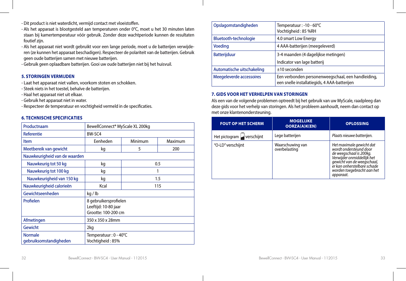 BewellConnect - BW-SC4 - User Manual - 112015 BewellConnect - BW-SC4 - User Manual - 11201532 33- Dit product is niet waterdicht, vermijd contact met vloeistoen.-  Als het apparaat is blootgesteld aan temperaturen onder 0°C, moet u het 30 minuten laten staan bij kamertemperatuur vóór gebruik. Zonder deze wachtperiode kunnen de resultaten foutief zijn. -  Als het apparaat niet wordt gebruikt voor een lange periode, moet u de batterijen verwijde-ren (ze kunnen het apparaat beschadigen). Respecteer de polariteit van de batterijen. Gebruik geen oude batterijen samen met nieuwe batterijen. - Gebruik geen oplaadbare batterijen. Gooi uw oude batterijen niet bij het huisvuil. 5. STORINGEN VERMIJDEN- Laat het apparaat niet vallen, voorkom stoten en schokken.  - Steek niets in het toestel, behalve de batterijen.- Haal het apparaat niet uit elkaar. - Gebruik het apparaat niet in water.-  Respecteer de temperatuur en vochtigheid vermeld in de specicaties.6. TECHNISCHE SPECIFICATIESProductnaam BewellConnect® MyScale XL 200kgReferentie BW-SC4Item Eenheden Minimum MaximumMeetbereik van gewicht kg 5 200Nauwkeurigheid van de waarden    Nauwkeurig tot 50 kg kg 0.5    Nauwkeurig tot 100 kg kg 1    Nauwkeurigheid van 150 kg kg 1.5Nauwkeurigheid calorieën Kcal 115Gewichtseenheden kg / lb Proelen 8 gebruikersproelen Leeftijd: 10-80 jaar Grootte: 100-200 cmAfmetingen 350 x 350 x 28mmGewicht 2kgNormale  gebruiksomstandighedenTemperatuur : 0 - 40°C  Vochtigheid : 85%Opslagomstandigheden Temperatuur : -10 - 60°C  Vochtigheid : 85 %RHBluetooth-technologie 4.0 smart Low EnergyVoeding 4 AAA-batterijen (meegeleverd)Batterijduur 3-4 maanden (4 dagelijkse metingen)Indicator van lage batterijAutomatische uitschakeling ±10 secondenMeegeleverde accessoires Een verbonden personenweegschaal, een handleiding, een snelle installatiegids, 4 AAA-batterijen7. GIDS VOOR HET VERHELPEN VAN STORINGENAls een van de volgende problemen optreedt bij het gebruik van uw MyScale, raadpleeg dan deze gids voor het verhelp van storingen. Als het probleem aanhoudt, neem dan contact op met onze klantenondersteuning.FOUT OP HET SCHERM MOGELIJKE OORZAAKEN OPLOSSINGHet pictogram    verschijnt Lege batterijen Plaats nieuwe batterijen.“O-LD” verschijnt Waarschuwing van  overbelasting Het maximale gewicht dat wordt ondersteund door de weegschaal is 200kg. Verwijder onmiddellijk het gewicht van de weegschaal, er kan onherstelbare schade worden toegebracht aan het apparaat.