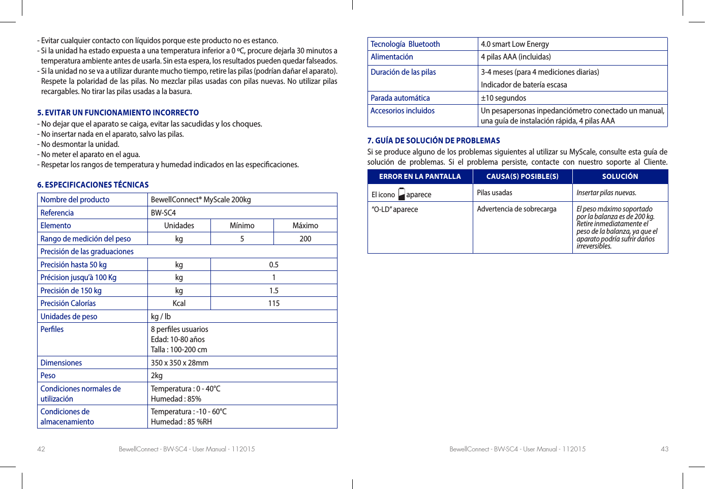 BewellConnect - BW-SC4 - User Manual - 112015 BewellConnect - BW-SC4 - User Manual - 11201542 43- Evitar cualquier contacto con líquidos porque este producto no es estanco.-  Si la unidad ha estado expuesta a una temperatura inferior a 0 ºC, procure dejarla 30 minutos a temperatura ambiente antes de usarla. Sin esta espera, los resultados pueden quedar falseados. -  Si la unidad no se va a utilizar durante mucho tiempo, retire las pilas (podrían dañar el aparato). Respete la polaridad de las pilas. No mezclar pilas usadas con pilas nuevas. No utilizar pilas recargables. No tirar las pilas usadas a la basura. 5. EVITAR UN FUNCIONAMIENTO INCORRECTO - No dejar que el aparato se caiga, evitar las sacudidas y los choques. - No insertar nada en el aparato, salvo las pilas.- No desmontar la unidad.  - No meter el aparato en el agua.-  Respetar los rangos de temperatura y humedad indicados en las especicaciones.6. ESPECIFICACIONES TÉCNICASNombre del producto BewellConnect® MyScale 200kgReferencia BW-SC4Elemento Unidades Mínimo MáximoRango de medición del peso kg 5 200Precisión de las graduacionesPrecisión hasta 50 kg kg 0.5Précision jusqu’à 100 Kg kg 1Precisión de 150 kg kg 1.5Precisión Calorías Kcal 115Unidades de peso kg / lbPerles 8 perles usuarios Edad: 10-80 años Talla : 100-200 cmDimensiones 350 x 350 x 28mmPeso 2kgCondiciones normales de utilizaciónTemperatura : 0 - 40°C  Humedad : 85%Condiciones de almacenamientoTemperatura : -10 - 60°C  Humedad : 85 %RHTecnología  Bluetooth 4.0 smart Low EnergyAlimentación 4 pilas AAA (incluidas)Duración de las pilas 3-4 meses (para 4 mediciones diarias)Indicador de batería escasaParada automática ±10 segundosAccesorios incluidos Un pesapersonas inpedanciómetro conectado un manual, una guía de instalación rápida, 4 pilas AAA7. GUÍA DE SOLUCIÓN DE PROBLEMASSi se produce alguno de los problemas siguientes al utilizar su MyScale, consulte esta guía de solución de problemas. Si el problema persiste, contacte con nuestro soporte al Cliente.ERROR EN LA PANTALLA CAUSAS POSIBLES SOLUCIÓNEl icono    aparece Pilas usadas Insertar pilas nuevas.“O-LD” aparece Advertencia de sobrecarga El peso máximo soportado por la balanza es de 200 kg. Retire inmediatamente el peso de la balanza, ya que el aparato podría sufrir daños irreversibles.