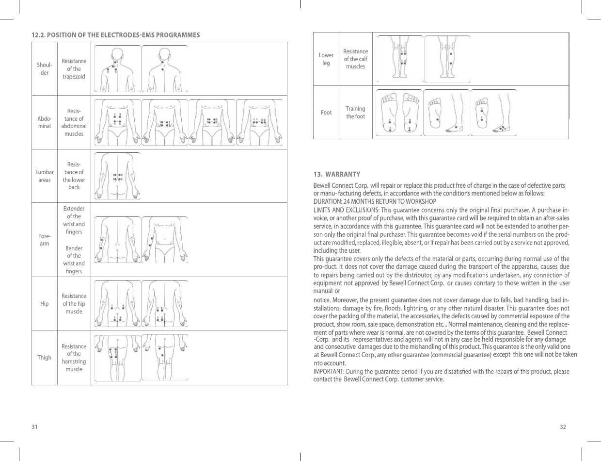 3213.  WARRANTYLower legResistance of the calf muscles   Foot Training the foot   Shoul-derResistance of the trapezoid   Abdo-minalResis-tance of abdominal muscles     Lumbar areasResis-tance of the lower back Fore-armExtender of the wrist and Bender of the wrist and  HipResistance of the hip muscle ThighResistance of the hamstring muscle    Bewell Connect Corp.Bewell Connect Corp.Bewell Connect CorpBewell Connect -Corp.Bewell Connect Corp. will repair or replace this product free of charge in the case of defective parts faor manu- cturing defects, in accordance with the conditions mentioned below as follows:DURATION: 24 MONTHS RETURN TO WORKSHOP-voice, or another proof of purchase, with this guarantee card will be required to obtain an after-sales service, in accordance with this guarantee. This guarantee card will not be extended to another per--including the user.This guarantee covers only the defects of the material or parts, occurring during normal use of the pro-duct. It does not cover the damage caused during the transport of the apparatus, causes due equipment not approved by  or causes con tr ary to those written in the user manual or notice. Moreover, the present guarantee does not cover damage due to falls, bad handling, bad in-cover the packing of the material, the accessories, the defects caused by commercial exposure of the product, show room, sale space, demonstration etc... Normal maintenance, cleaning and the replace-ment of parts where wear is normal, are not covered by the terms of this guarantee.  and its  representatives and agents will not in any case be held responsible for any damage and consecutive  damages due to the mishandling of this product. This guarantee is the only valid one at  , any other guarantee (commercial guarantee) except  this one will not be takennto account.contact the   customer service.31