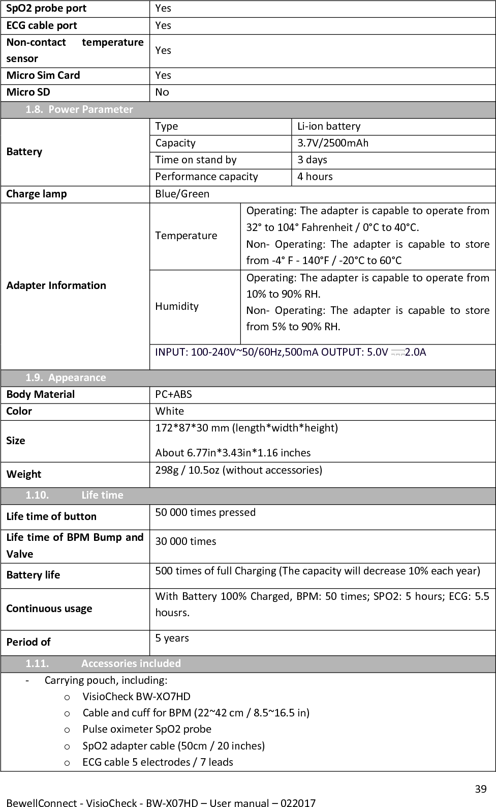 39 BewellConnect - VisioCheck - BW-X07HD – User manual – 022017 SpO2 probe port  Yes  ECG cable port  Yes  Non-contact  temperature sensor  Yes  Micro Sim Card  Yes  Micro SD  No  1.8. Power Parameter  Battery Type  Li-ion battery  Capacity  3.7V/2500mAh  Time on stand by  3 days  Performance capacity  4 hours  Charge lamp Blue/Green Adapter Information Temperature Operating: The adapter is capable to operate from 32° to 104° Fahrenheit / 0°C to 40°C.  Non-  Operating:  The  adapter  is  capable  to  store from -4° F - 140°F / -20°C to 60°C Humidity Operating: The adapter is capable to operate from 10% to 90% RH.  Non-  Operating:  The  adapter  is  capable  to  store from 5% to 90% RH.  INPUT: 100-240V~50/60Hz,500mA OUTPUT: 5.0V  2.0A 1.9. Appearance Body Material PC+ABS  Color White  Size 172*87*30 mm (length*width*height) About 6.77in*3.43in*1.16 inches Weight 298g / 10.5oz (without accessories) 1.10. Life time Life time of button 50 000 times pressed Life time of BPM Bump and Valve 30 000 times Battery life 500 times of full Charging (The capacity will decrease 10% each year) Continuous usage With Battery 100% Charged, BPM: 50 times; SPO2: 5 hours; ECG: 5.5 housrs. Period of  5 years 1.11. Accessories included  - Carrying pouch, including:  o VisioCheck BW-XO7HD o Cable and cuff for BPM (22~42 cm / 8.5~16.5 in) o Pulse oximeter SpO2 probe  o SpO2 adapter cable (50cm / 20 inches) o ECG cable 5 electrodes / 7 leads 