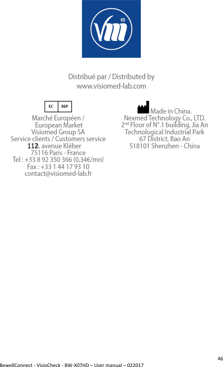 46 BewellConnect - VisioCheck - BW-X07HD – User manual – 022017    