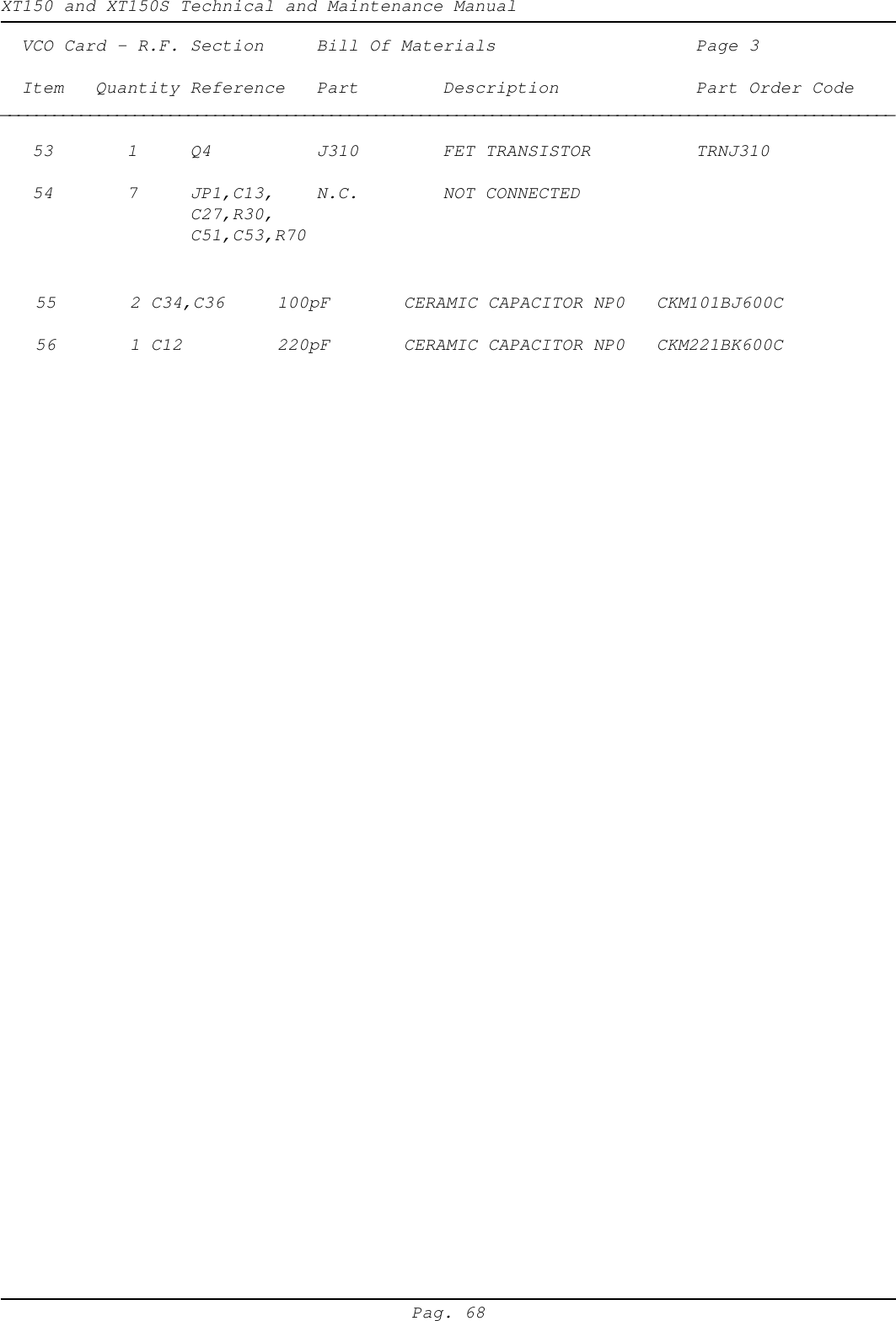 XT150 and XT150S Technical and Maintenance ManualPag. 68  VCO Card - R.F. Section Bill Of Materials Page 3  Item   Quantity Reference Part Description Part Order Code____________________________________________________________________________________________________   53       1 Q4 J310 FET TRANSISTOR TRNJ310   54       7 JP1,C13, N.C. NOT CONNECTEDC27,R30,C51,C53,R70 55       2 C34,C36 100pF CERAMIC CAPACITOR NP0 CKM101BJ600C 56       1 C12 220pF CERAMIC CAPACITOR NP0 CKM221BK600C