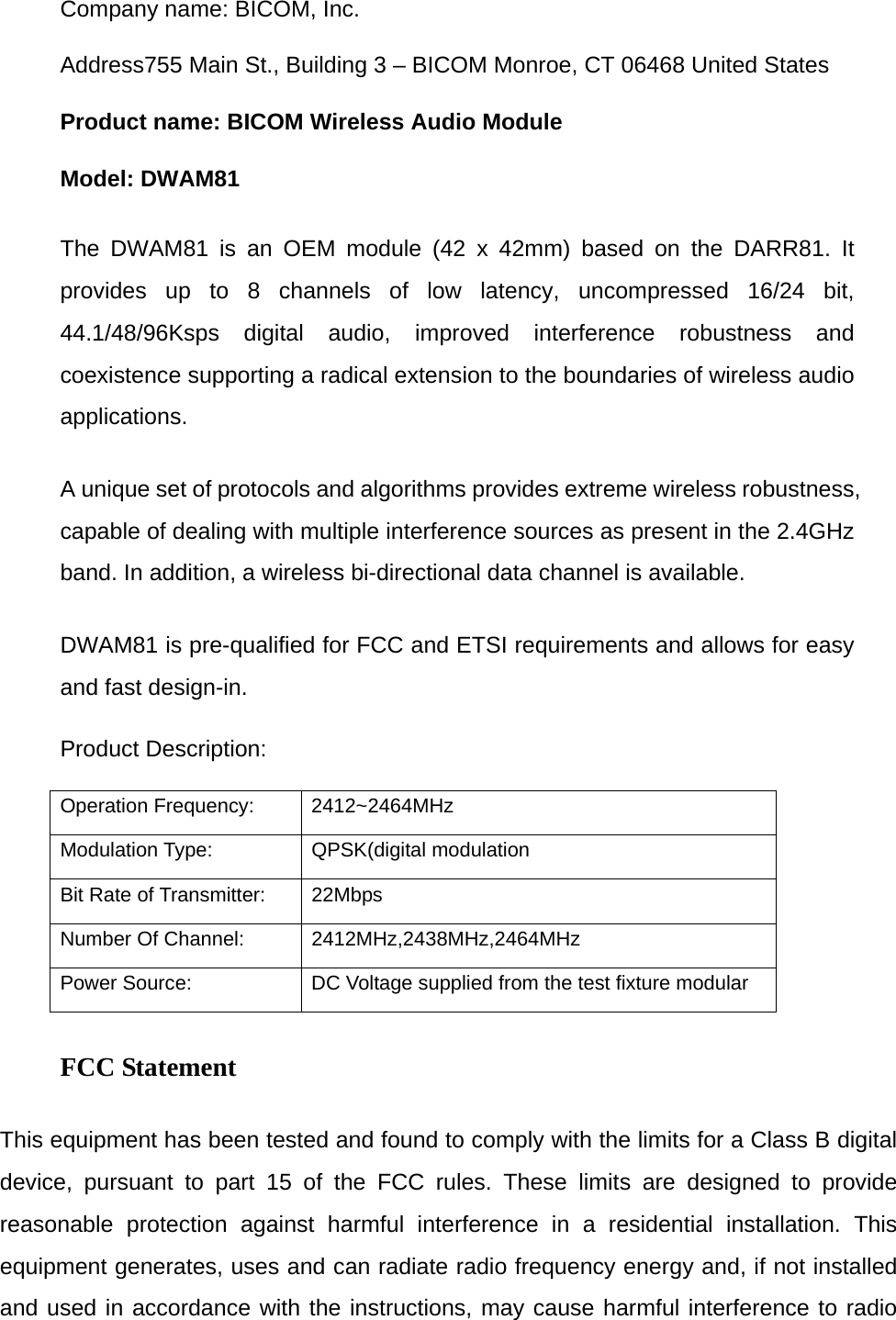 BCMD81 Wireless Audio Module User Manual DWAM81 UM