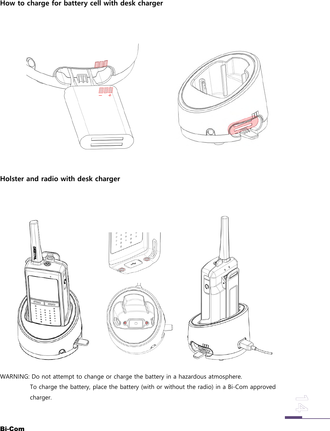 Bi-ComHow to charge for battery cell with desk chargerHolster and radio with desk chargerWARNING: Do not attempt to change or charge the battery in a hazardous atmosphere.To charge the battery, place the battery (with or without the radio) in a Bi-Com approvedcharger.