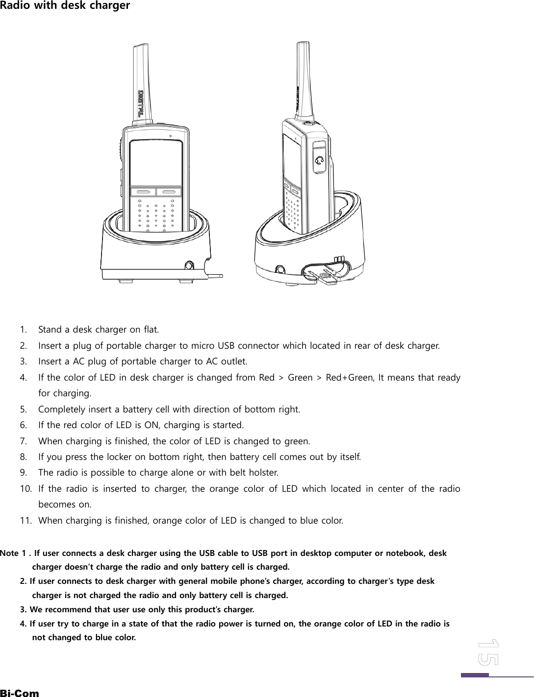 Bi-ComRadio with desk charger1. Stand a desk charger on flat.2. Insert a plug of portable charger to micro USB connector which located in rear of desk charger.3. Insert a AC plug of portable charger to AC outlet.4. If the color of LED in desk charger is changed from Red > Green > Red+Green, It means that readyfor charging.5. Completely insert a battery cell with direction of bottom right.6. If the red color of LED is ON, charging is started.7. When charging is finished, the color of LED is changed to green.8. If you press the locker on bottom right, then battery cell comes out by itself.9. The radio is possible to charge alone or with belt holster.10. If the radio is inserted to charger, the orange color of LED which located in center of the radiobecomes on.11. When charging is finished, orange color of LED is changed to blue color.Note 1 . If user connects a desk charger using the USB cable to USB port in desktop computer or notebook, deskcharger doesn&rsquo;t charge the radio and only battery cell is charged.2. If user connects to desk charger with general mobile phone&rsquo;s charger, according to charger&rsquo;s type deskcharger is not charged the radio and only battery cell is charged.3. We recommend that user use only this product&rsquo;s charger.4. If user try to charge in a state of that the radio power is turned on, the orange color of LED in the radio isnot changed to blue color.