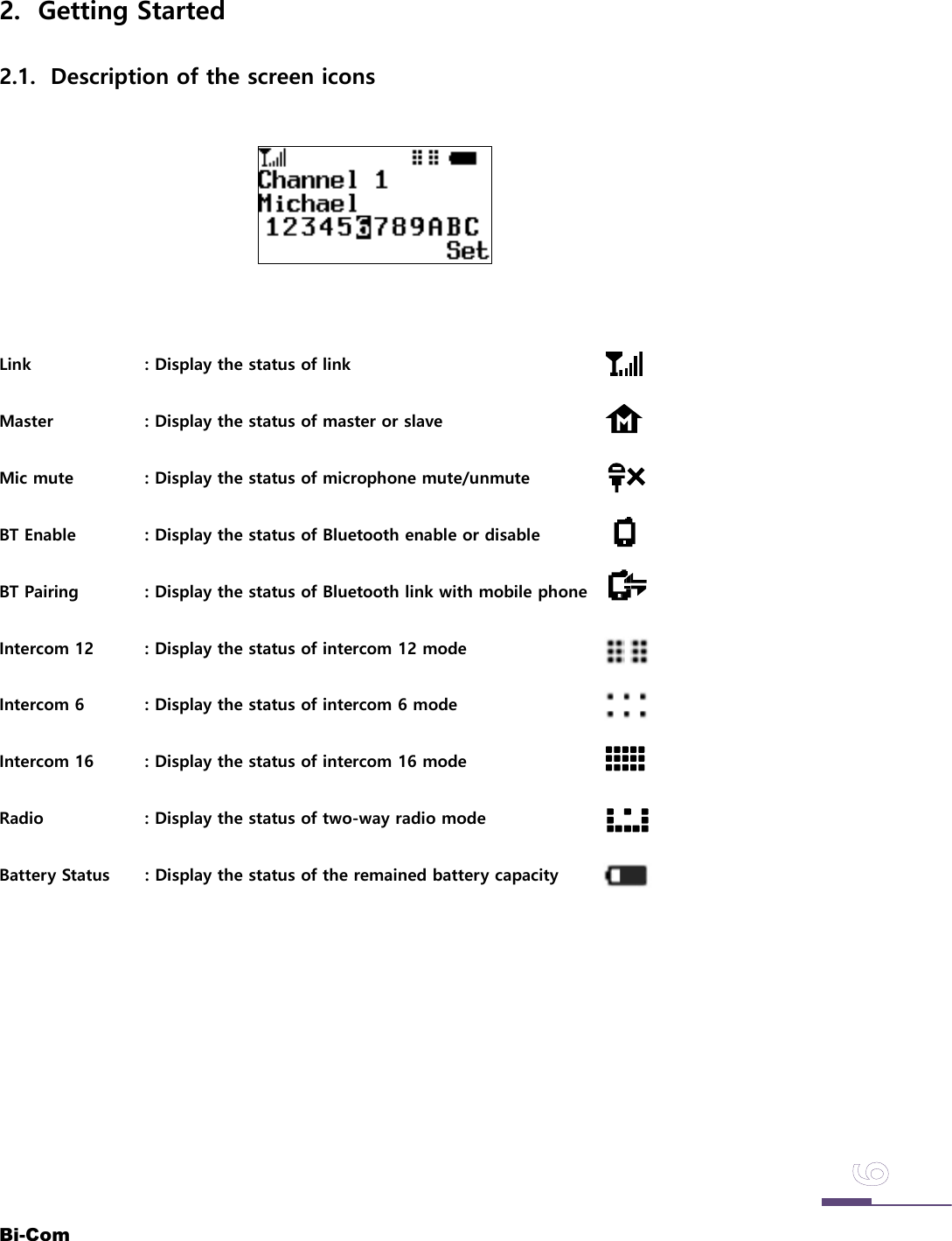 Bi-Com2. Getting Started2.1. Description of the screen iconsLink : Display the status of linkMaster : Display the status of master or slaveMic mute : Display the status of microphone mute/unmuteBT Enable : Display the status of Bluetooth enable or disableBT Pairing : Display the status of Bluetooth link with mobile phoneIntercom 12 : Display the status of intercom 12 modeIntercom 6 : Display the status of intercom 6 modeIntercom 16 : Display the status of intercom 16 modeRadio : Display the status of two-way radio modeBattery Status : Display the status of the remained battery capacity
