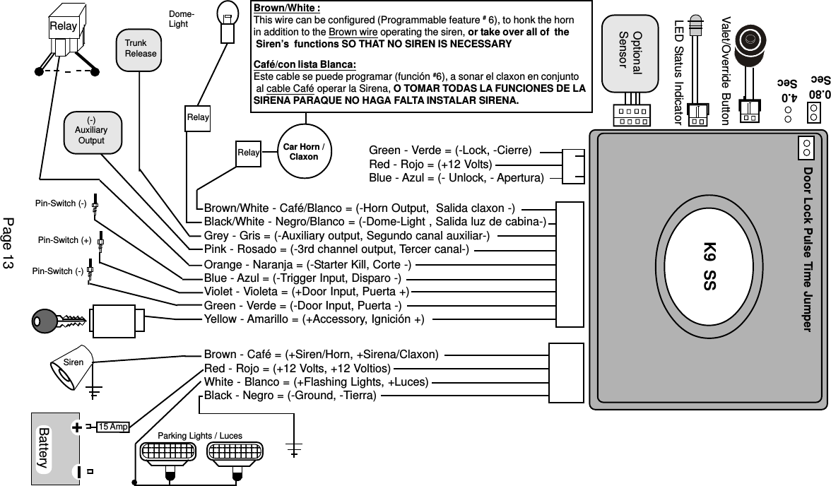 Brown/White :This wire can be configured (Programmable feature # 6), to honk the hornin addition to the Brown wire operating the siren, or take over all of  the Siren’s  functions SO THAT NO SIREN IS NECESSARYCafé/con lista Blanca:Este cable se puede programar (función #6), a sonar el claxon en conjunto al cable Café operar la Sirena, O TOMAR TODAS LA FUNCIONES DE LASIRENA PARAQUE NO HAGA FALTA INSTALAR SIRENA.Brown/White - Café/Blanco = (-Horn Output,  Salida claxon -)Black/White - Negro/Blanco = (-Dome-Light , Salida luz de cabina-)Grey - Gris = (-Auxiliary output, Segundo canal auxiliar-)Pink - Rosado = (-3rd channel output, Tercer canal-)Orange - Naranja = (-Starter Kill, Corte -)Blue - Azul = (-Trigger Input, Disparo -)Violet - Violeta = (+Door Input, Puerta +)Green - Verde = (-Door Input, Puerta -)Yellow - Amarillo = (+Accessory, Ignición +)Brown - Café = (+Siren/Horn, +Sirena/Claxon)Red - Rojo = (+12 Volts, +12 Voltios)White - Blanco = (+Flashing Lights, +Luces)Black - Negro = (-Ground, -Tierra)Valet/Override Button0.80Sec4.0SecDoor Lock Pulse Time JumperLED Status IndicatorOptionalSensorK9  SSGreen - Verde = (-Lock, -Cierre)Red - Rojo = (+12 Volts)Blue - Azul = (- Unlock, - Apertura)Siren   Pin-Switch (-)   Pin-Switch (-)Battery   Pin-Switch (+)15 Amp+      Parking Lights / LucesRelayTrunkReleaseRelayRelay Car Horn /ClaxonDome-Light(-)AuxiliaryOutputPage 13