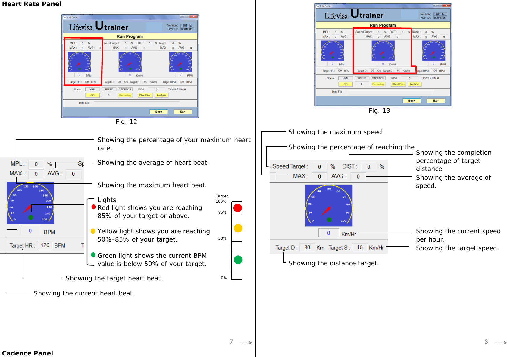 Heart Rate PanelShowing the maximum speed.Showing the percentage of reaching theLightsCadence PanelRed light shows you are reaching85% of your target or above.Showing the average of heart beat. Showing the completionpercentage of targetdistance.Showing the percentage of your maximum heartrate.Showing the maximum heart beat.Showing the target heart beat.Showing the current heart beat.Showing the average ofspeed.Showing the target speed.Showing the distance target.Showing the current speedper hour.Yellow light shows you are reaching50%-85% of your target.Green light shows the current BPMvalue is below 50% of your target.Fig. 12Target100%85%50%0%Fig. 137 8Lifevisa UtrainerLifevisa Utrainer