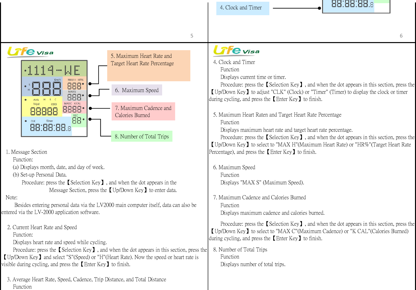    4. Clock and Timer  　  Function  　  Displays current time or timer.   5. Maximum Heart Raten and Target Heart Rate Percentage    　Function   　 Displays maximum heart rate and target heart rate percentage.   6. Maximum Speed 　   Function 　   Displays "MAX S" (Maximum Speed).               Message Section, press the【Up/Down Key】to enter data.   Note:    7. Maximum Cadence and Calories Burned 　   Function  　  Displays maximum cadence and calories burned.   8. Number of Total Trips    　Function    　Displays number of total trips.　3. Average Heart Rate, Speed, Cadence, Trip Distance, and Total Distance 　   Function  　  Procedure: press the【Selection Key】, and when the dot appears in this section, press the【Up/Down Key】to select to "MAX C"(Maximum Cadence) or "K CAL"(Calories Burned)during cycling, and press the【Enter Key】to finish.   　 Displays heart rate and speed while cycling.   1. Message Section  　  Procedure: press the【Selection Key】, and when the dot appears in this section, press the【Up/Down Key】to select to "MAX H"(Maximum Heart Rate) or "HR%"(Target Heart RatePercentage), and press the【Enter Key】to finish.   　 Procedure: press the【Selection Key】, and when the dot appears in this section, press the【Up/Down Key】to adjust "CLK" (Clock) or "Timer" (Timer) to display the clock or timerduring cycling, and press the【Enter Key】to finish.  　  (a) Displays month, date, and day of week.   　  Besides entering personal data via the LV2000 main computer itself, data can also beentered via the LV-2000 application software. 　   Function:  　  (b) Set-up Personal Data.    2. Current Heart Rate and Speed   　       Procedure: press the【Selection Key】, and when the dot appears in the   　 Function:   　 Procedure: press the【Selection Key】, and when the dot appears in this section, press the【Up/Down Key】and select "S"(Speed) or "H"(Heart Rate). Now the speed or heart rate isvisible during cycling, and press the【Enter Key】to finish.5 64. Clock and Timer8. Number of Total Trips7. Maximum Cadence andCalories Burned6.  Maximum Speed5. Maximum Heart Rate andTarget Heart Rate Percentage
