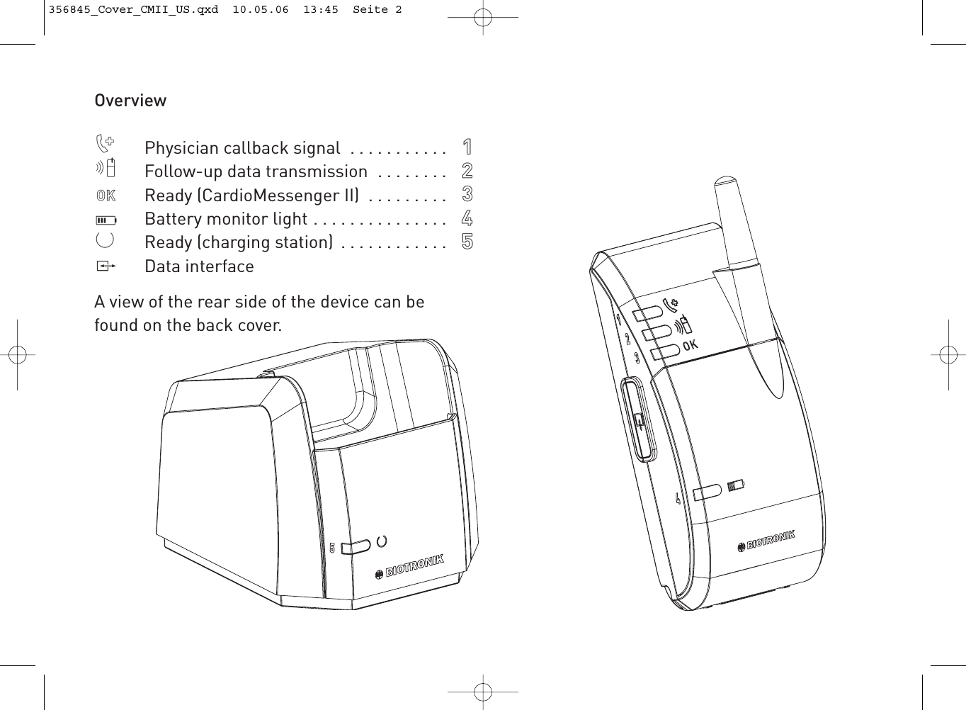 OverviewPhysician callback signal  . . . . . . . . . . .Follow-up data transmission  . . . . . . . .Ready (CardioMessenger II)  . . . . . . . . .Battery monitor light . . . . . . . . . . . . . . .Ready (charging station)  . . . . . . . . . . . .Data interfaceA view of the rear side of the device can befound on the back cover.356845_Cover_CMII_US.qxd  10.05.06  13:45  Seite 2