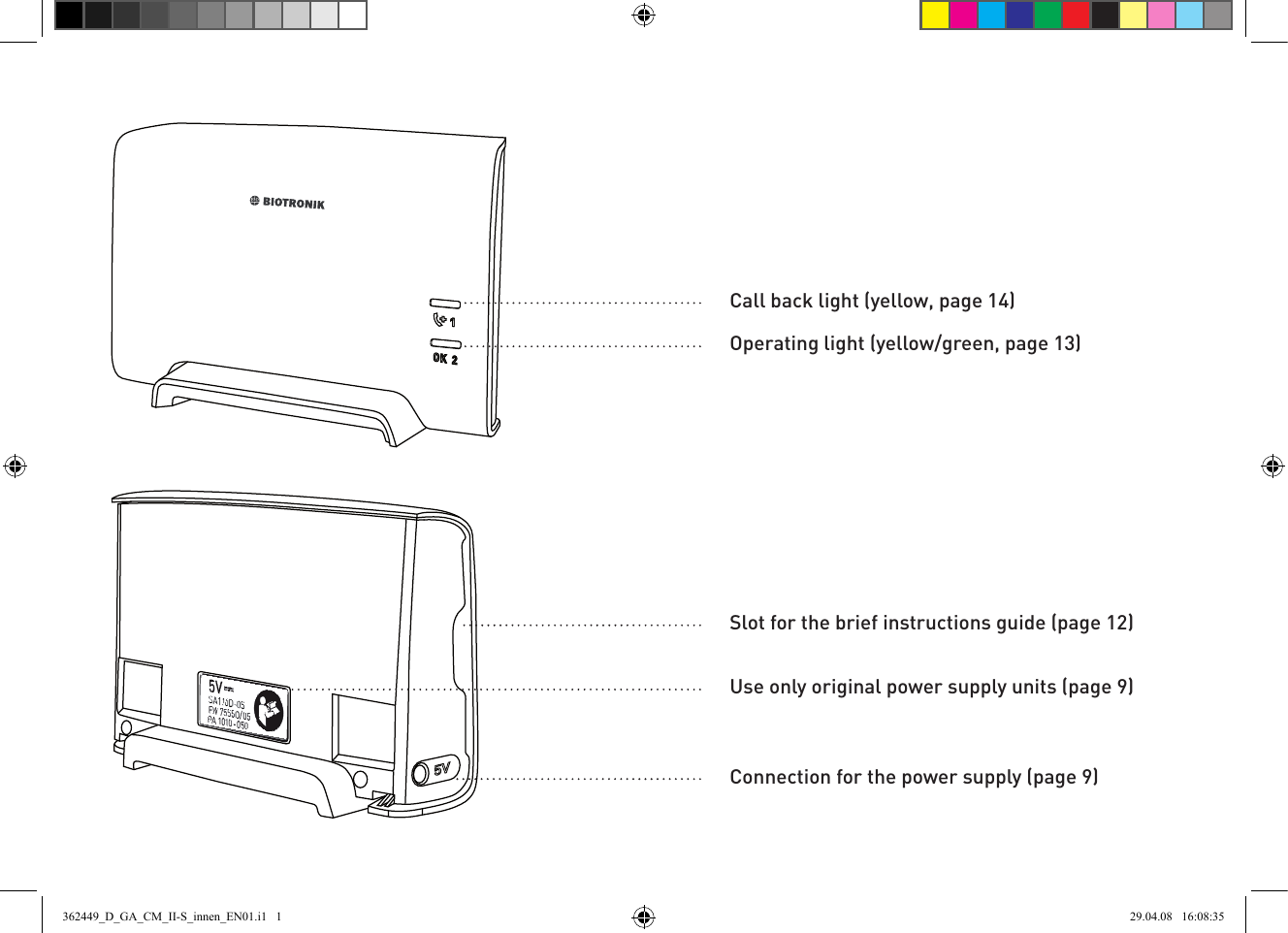 Call back light (yellow, page 14)Operating light (yellow/green, page 13)Use only original power supply units (page 9)Slot for the brief instructions guide (page 12)Connection for the power supply (page 9)362449_D_GA_CM_II-S_innen_EN01.i1   1 29.04.08   16:08:35