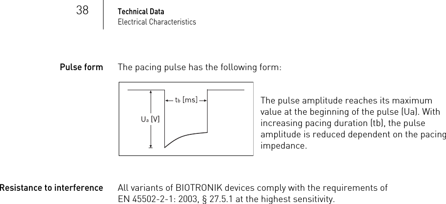38Technical DataElectrical CharacteristicsPulse formThe pacing pulse has the following form:The pulse amplitude reaches its maximum value at the beginning of the pulse (Ua). With increasing pacing duration (tb), the pulse amplitude is reduced dependent on the pacing impedance.Resistance to interferenceAll variants of BIOTRONIK devices comply with the requirements of EN 45502-2-1: 2003, § 27.5.1 at the highest sensitivity.