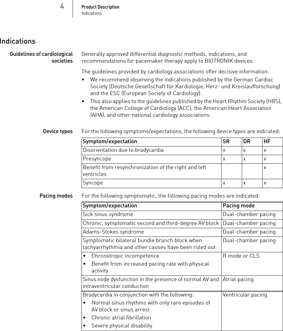 4Product DescriptionIndicationsIndicationsGuidelines of cardiological societiesGenerally approved differential diagnostic methods, indications, and recommendations for pacemaker therapy apply to BIOTRONIK devices.The guidelines provided by cardiology associations offer decisive information: • We recommend observing the indications published by the German Cardiac Society (Deutsche Gesellschaft für Kardiologie, Herz- und Kreislaufforschung) and the ESC (European Society of Cardiology).• This also applies to the guidelines published by the Heart Rhythm Society (HRS), the American College of Cardiology (ACC), the American Heart Association (AHA), and other national cardiology associations.Device types For the following symptoms/expectations, the following device types are indicated:  Pacing modes For the following symptomatic, the following pacing modes are indicated:  Symptom/expectation SR DR HFDisorientation due to bradycardia x x xPresyncope x x xBenefit from resynchronization of the right and left ventriclesxSyncope xxxSymptom/expectation Pacing modeSick sinus syndrome Dual-chamber pacingChronic, symptomatic second and third-degree AV block  Dual-chamber pacing Adams-Stokes syndrome Dual-chamber pacingSymptomatic bilateral bundle branch block when tachyarrhythmia and other causes have been ruled outDual-chamber pacing• Chronotropic incompetence• Benefit from increased pacing rate with physical activityR mode or CLSSinus node dysfunction in the presence of normal AV and intraventricular conductionAtrial pacingBradycardia in conjunction with the following: • Normal sinus rhythms with only rare episodes of AV block or sinus arrest• Chronic atrial fibrillation• Severe physical disabilityVentricular pacing