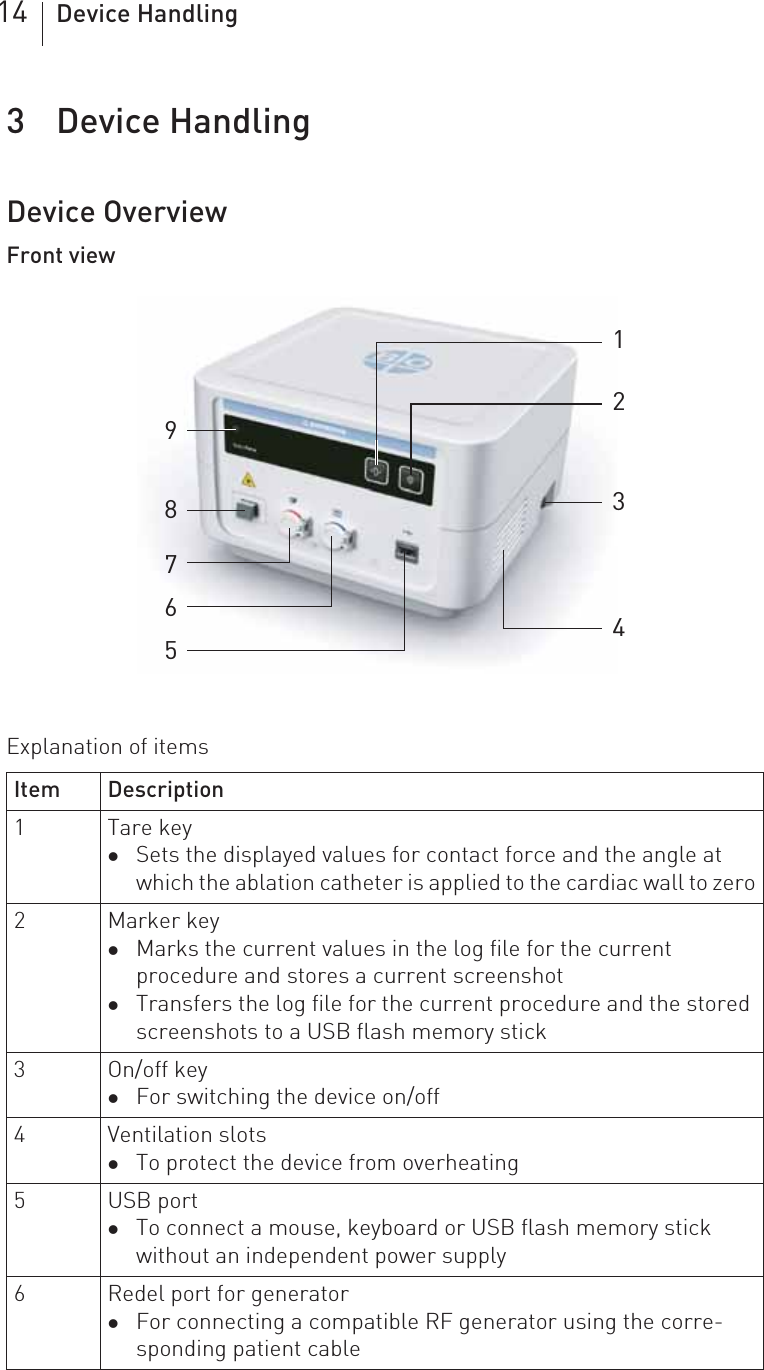 14 Device Handling3 Device Handling Device Handling3418423Technical ManualQubic ForceDevice OverviewFront viewExplanation of items Item Description1Tare key zSets the displayed values for contact force and the angle at which the ablation catheter is applied to the cardiac wall to zero2 Marker key zMarks the current values in the log file for the current procedure and stores a current screenshotzTransfers the log file for the current procedure and the stored screenshots to a USB flash memory stick3On/off key zFor switching the device on/off4 Ventilation slots zTo protect the device from overheating5 USB port zTo connect a mouse, keyboard or USB flash memory stick without an independent power supply6 Redel port for generator zFor connecting a compatible RF generator using the corre-sponding patient cable123495876