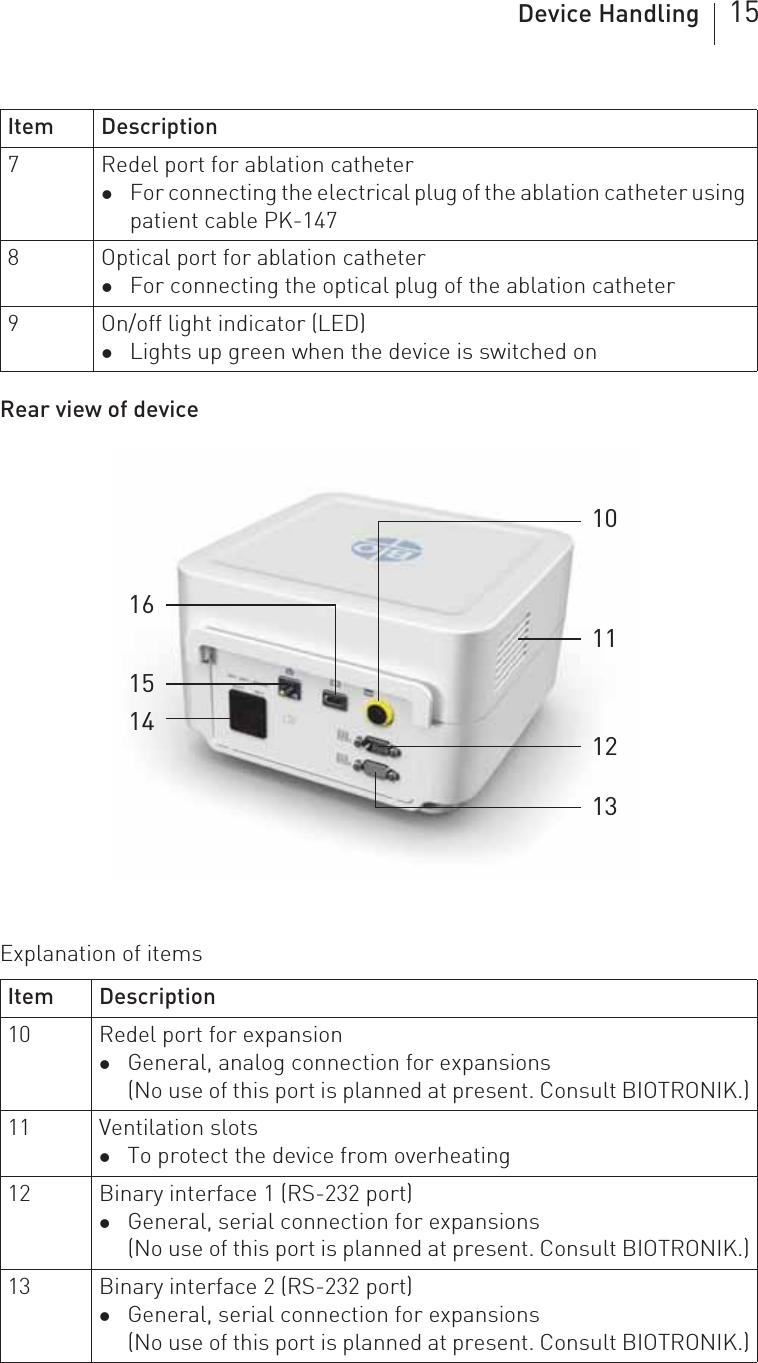 Device Handling 15Rear view of deviceExplanation of items 7 Redel port for ablation catheter zFor connecting the electrical plug of the ablation catheter using patient cable PK-1478 Optical port for ablation catheter zFor connecting the optical plug of the ablation catheter9 On/off light indicator (LED) zLights up green when the device is switched onItem Description10 Redel port for expansion zGeneral, analog connection for expansions(No use of this port is planned at present. Consult BIOTRONIK.)11 Ventilation slots zTo protect the device from overheating12 Binary interface 1 (RS-232 port) zGeneral, serial connection for expansions(No use of this port is planned at present. Consult BIOTRONIK.)13 Binary interface 2 (RS-232 port) zGeneral, serial connection for expansions(No use of this port is planned at present. Consult BIOTRONIK.)Item Description10111312151416