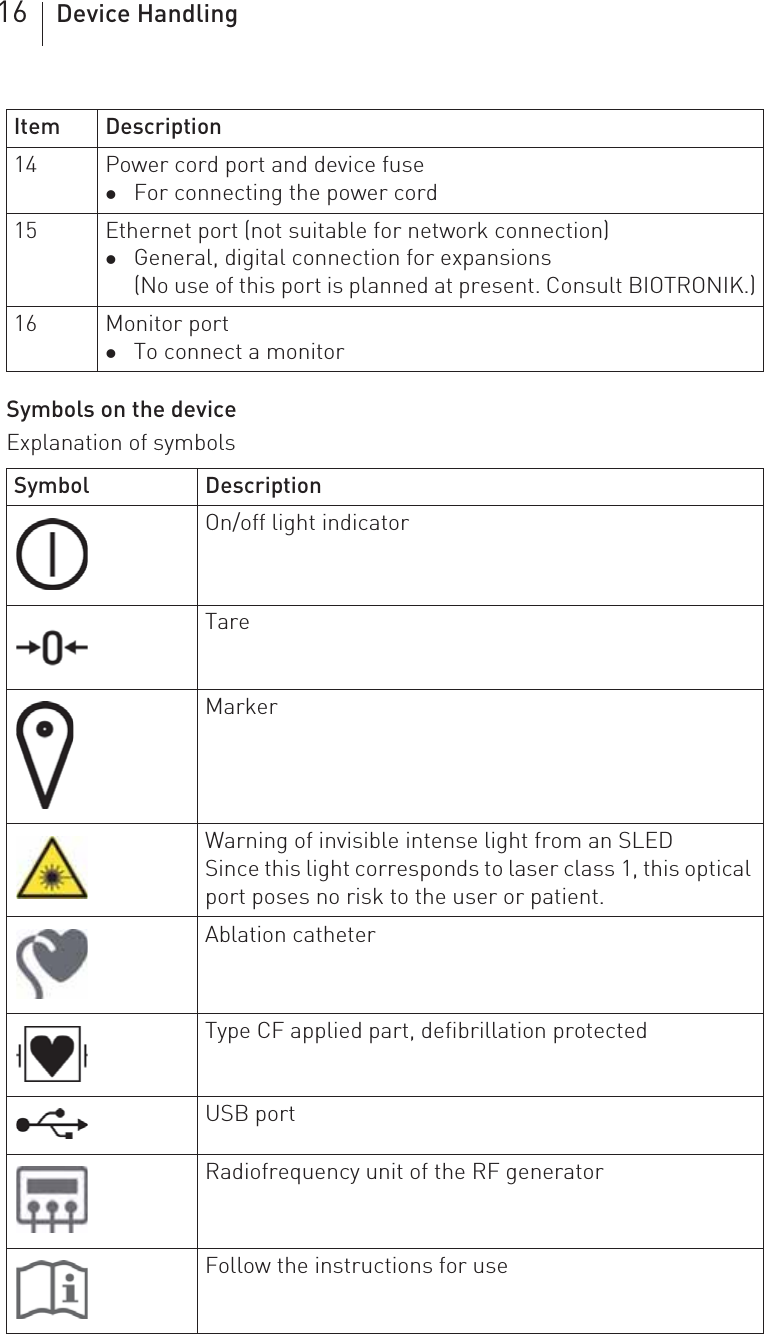 16 Device HandlingSymbols on the deviceExplanation of symbols 14 Power cord port and device fuse zFor connecting the power cord15 Ethernet port (not suitable for network connection) zGeneral, digital connection for expansions(No use of this port is planned at present. Consult BIOTRONIK.)16 Monitor port zTo connect a monitorSymbol DescriptionOn/off light indicatorTareMarkerWarning of invisible intense light from an SLEDSince this light corresponds to laser class 1, this optical port poses no risk to the user or patient.Ablation catheterType CF applied part, defibrillation protectedUSB portRadiofrequency unit of the RF generatorFollow the instructions for useItem Description